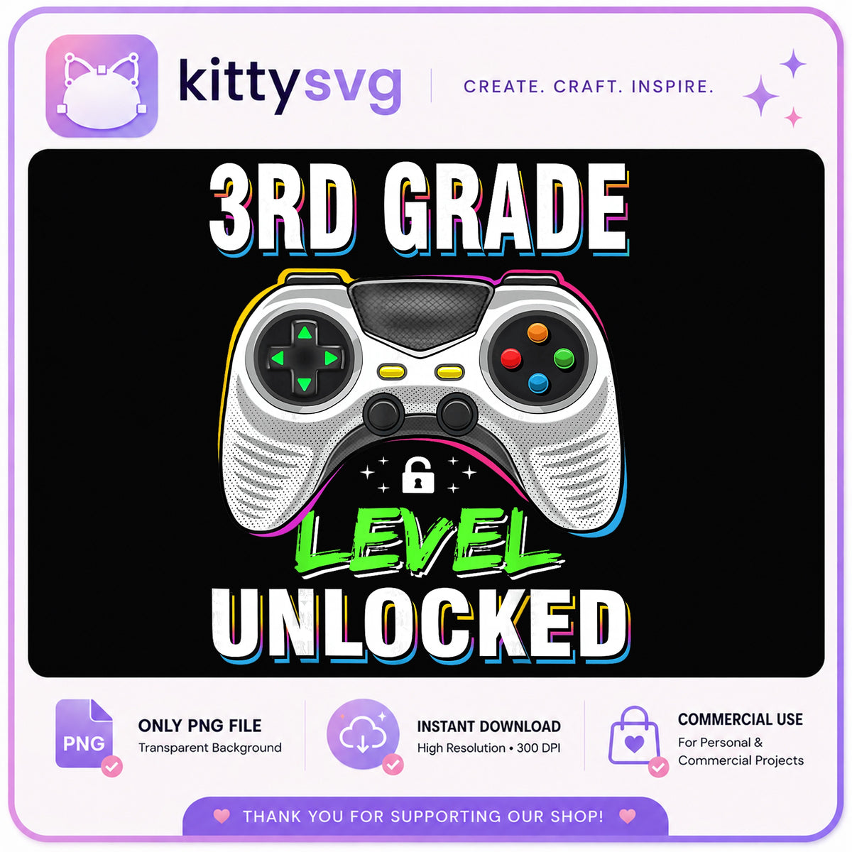 3rd Grade Level Unlocked PNG, Back To School PNG, Gamer PNG