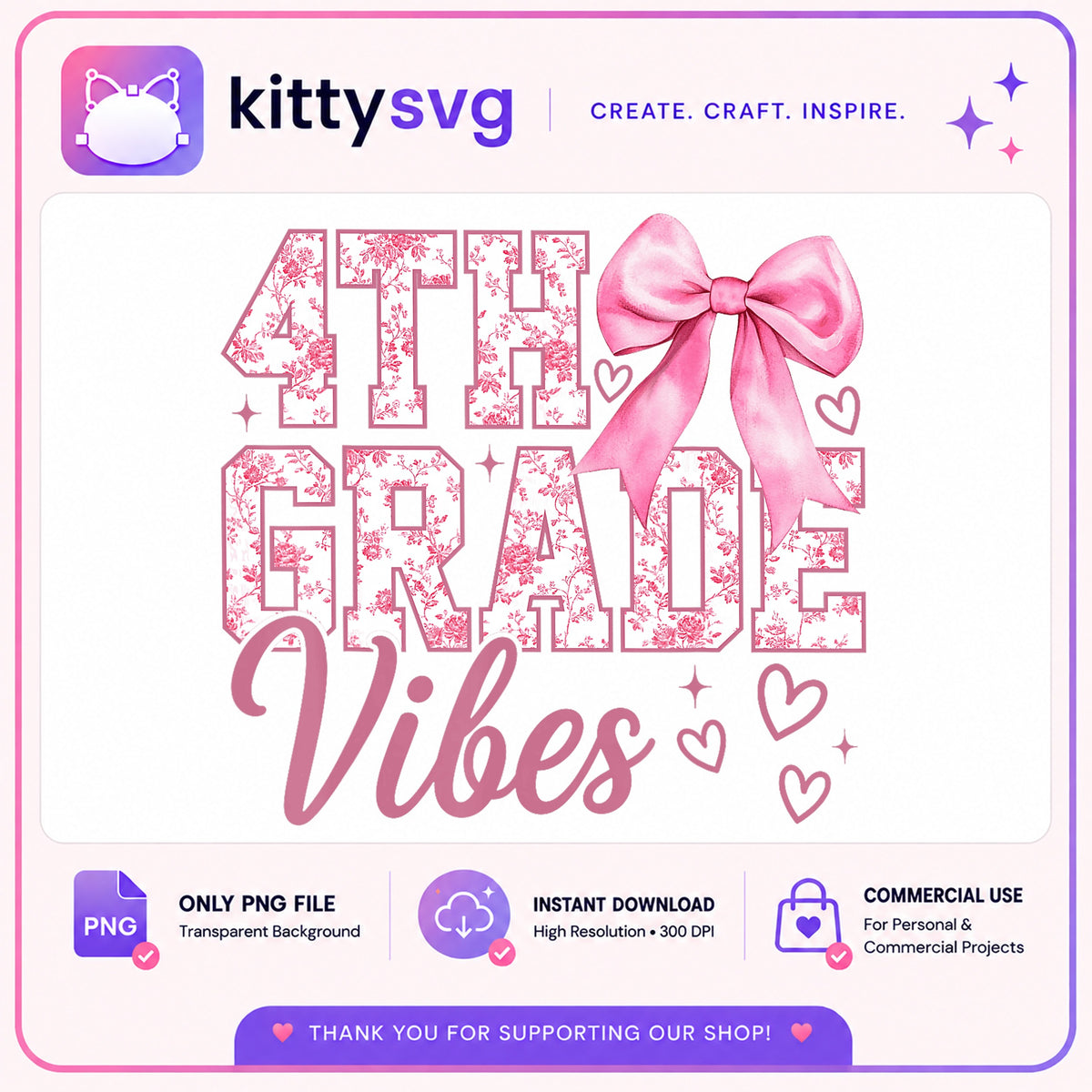 4th Grade Vibes PNG, Coquette Bow Back To School, Teacher PNG