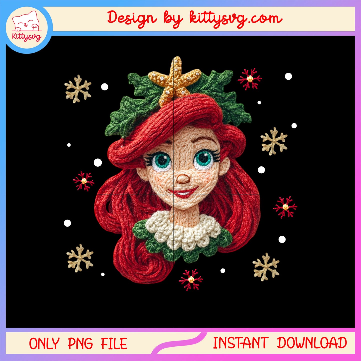 Ariel face christmas patchwork png, disney ariel cartoon png
