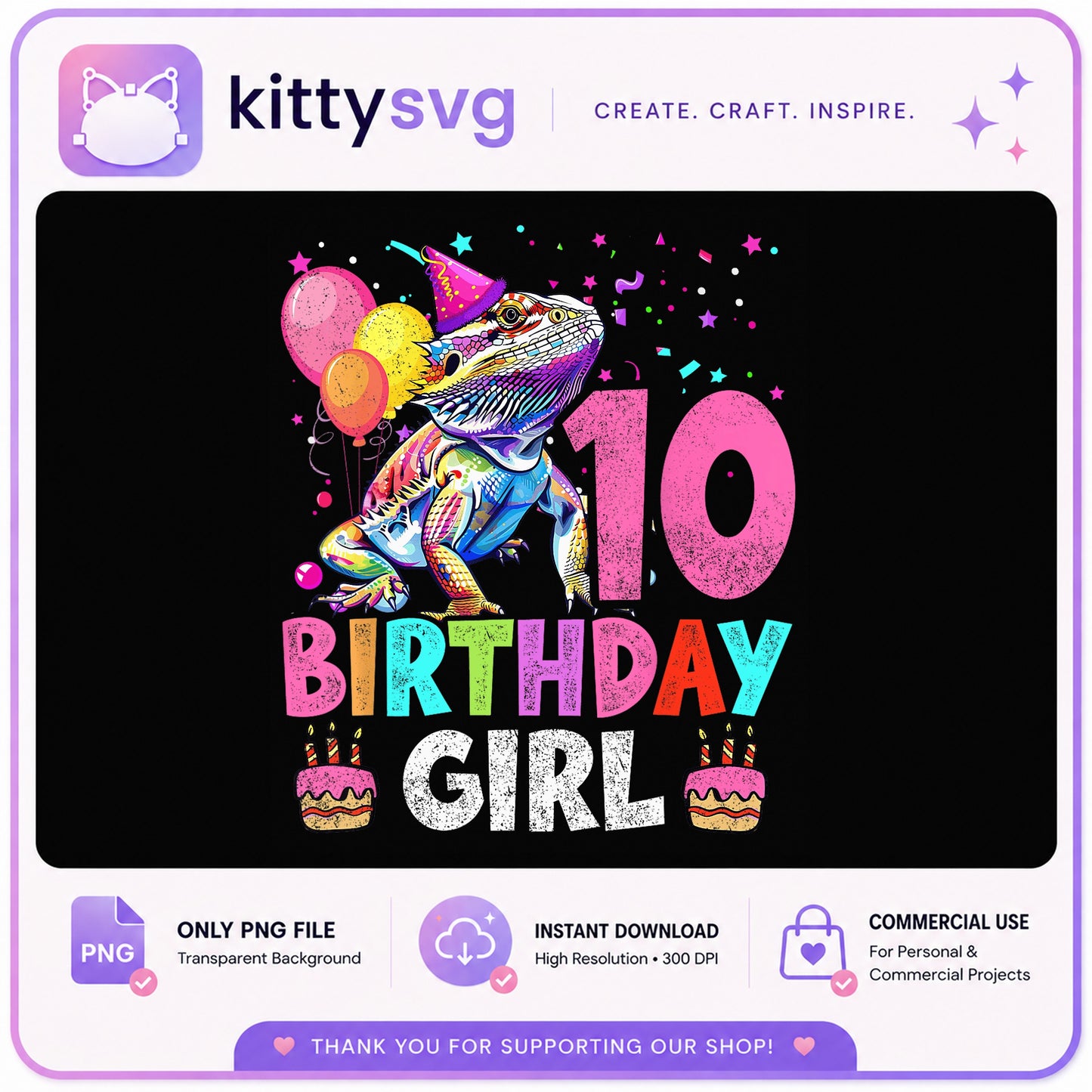 Bearded Dragon 10th Birthday Girl PNG, Lizard Birthday PNG, Kids Birthday PNG