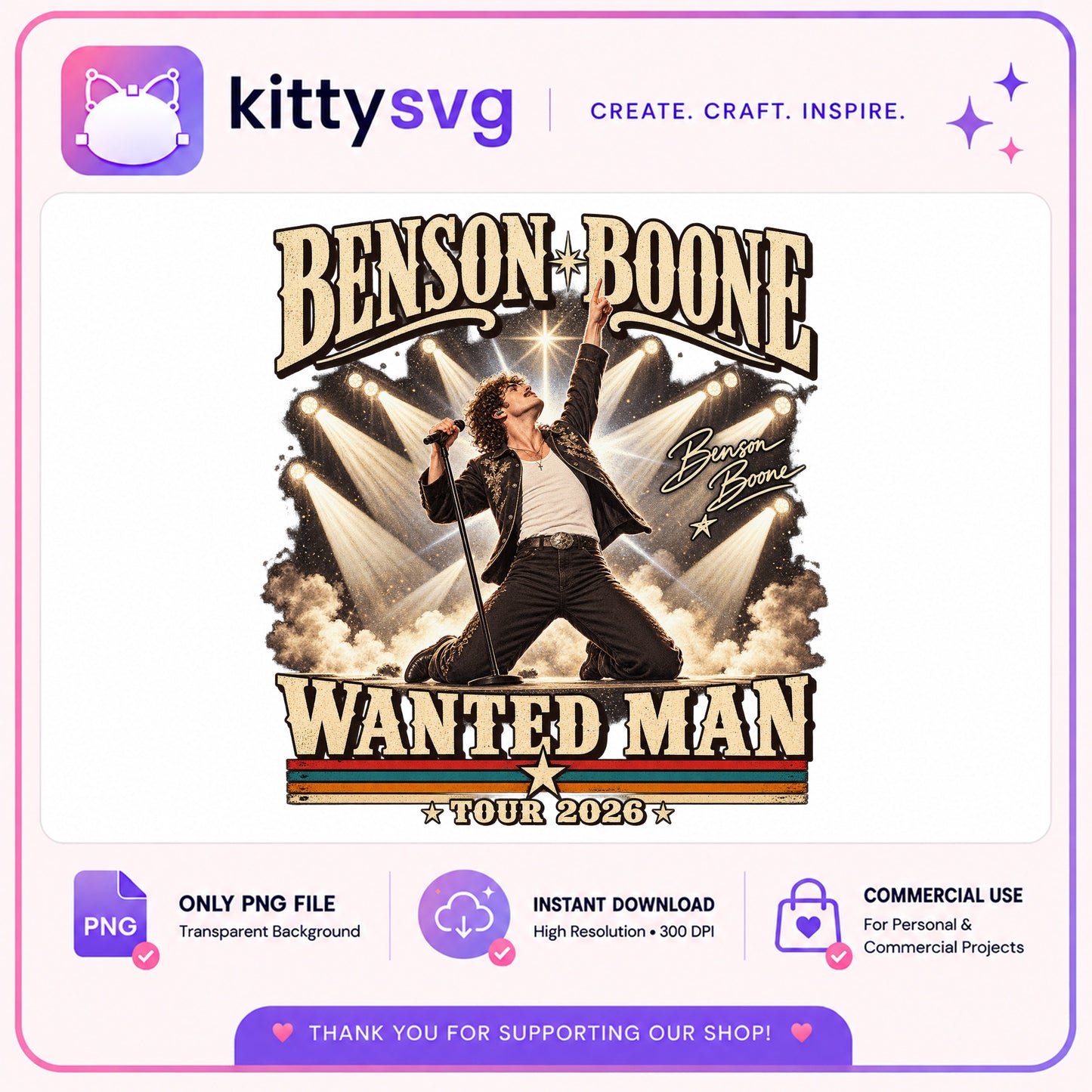 Benson Boone Wanted Man Tour 2026 PNG, Concert PNG, Music Fan PNG