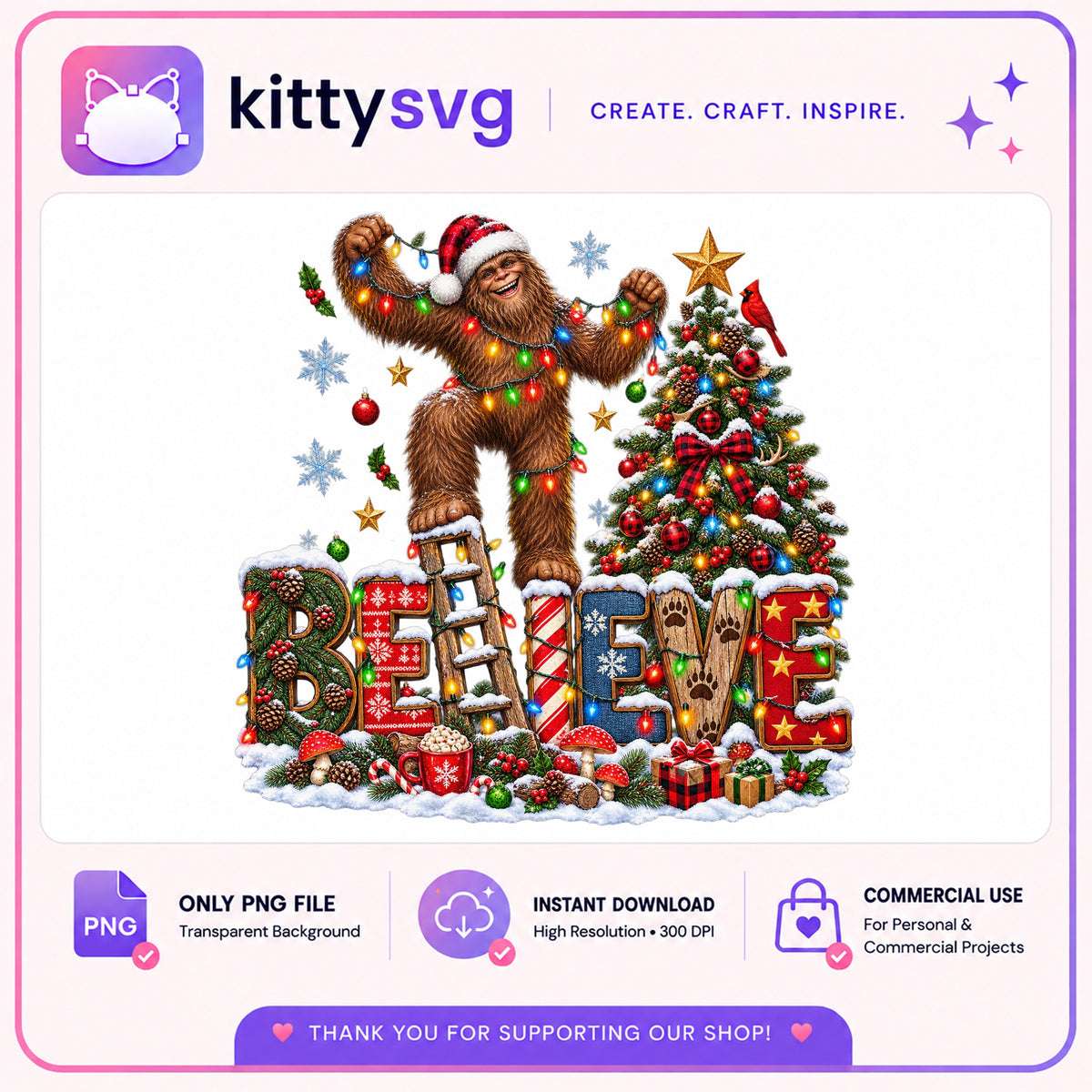 Bigfoot Believe Christmas PNG, Sasquatch Santa PNG, Christmas Tree PNG