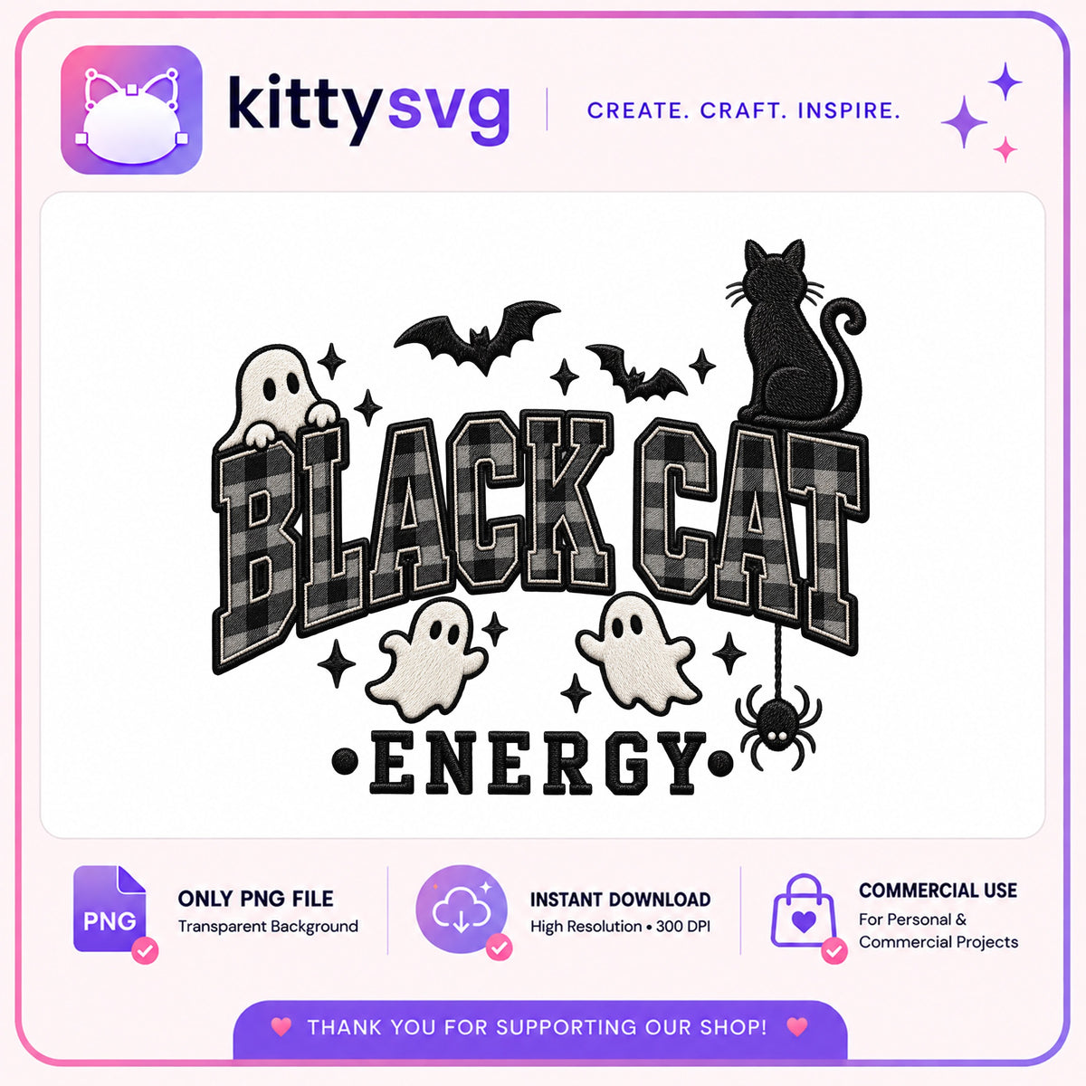 Black Cat Energy PNG, Halloween Ghost Bat PNG, Spooky Cat PNG