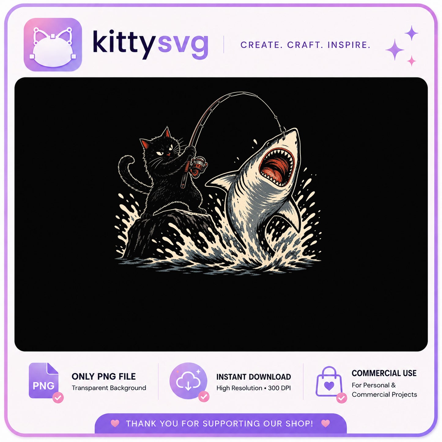 Black Cat Fishing Shark PNG, Funny Cat Shirt Design, Cat PNG