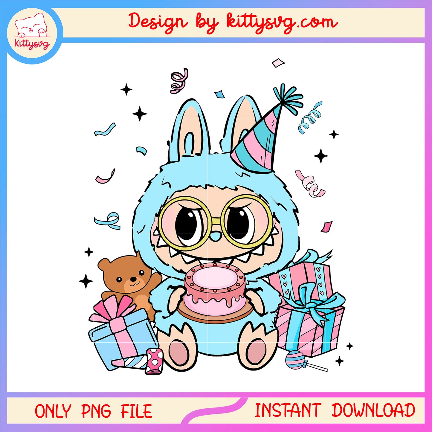 Blue labubu happy birthday design png, birthday boy png