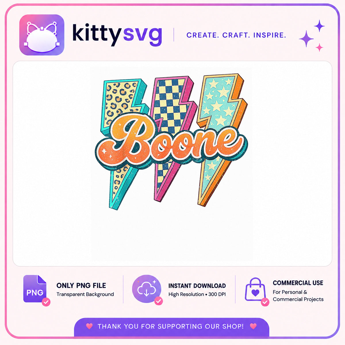 Boone Lightning Bolt Retro PNG, Checkered Leopard PNG, Sublimation PNG