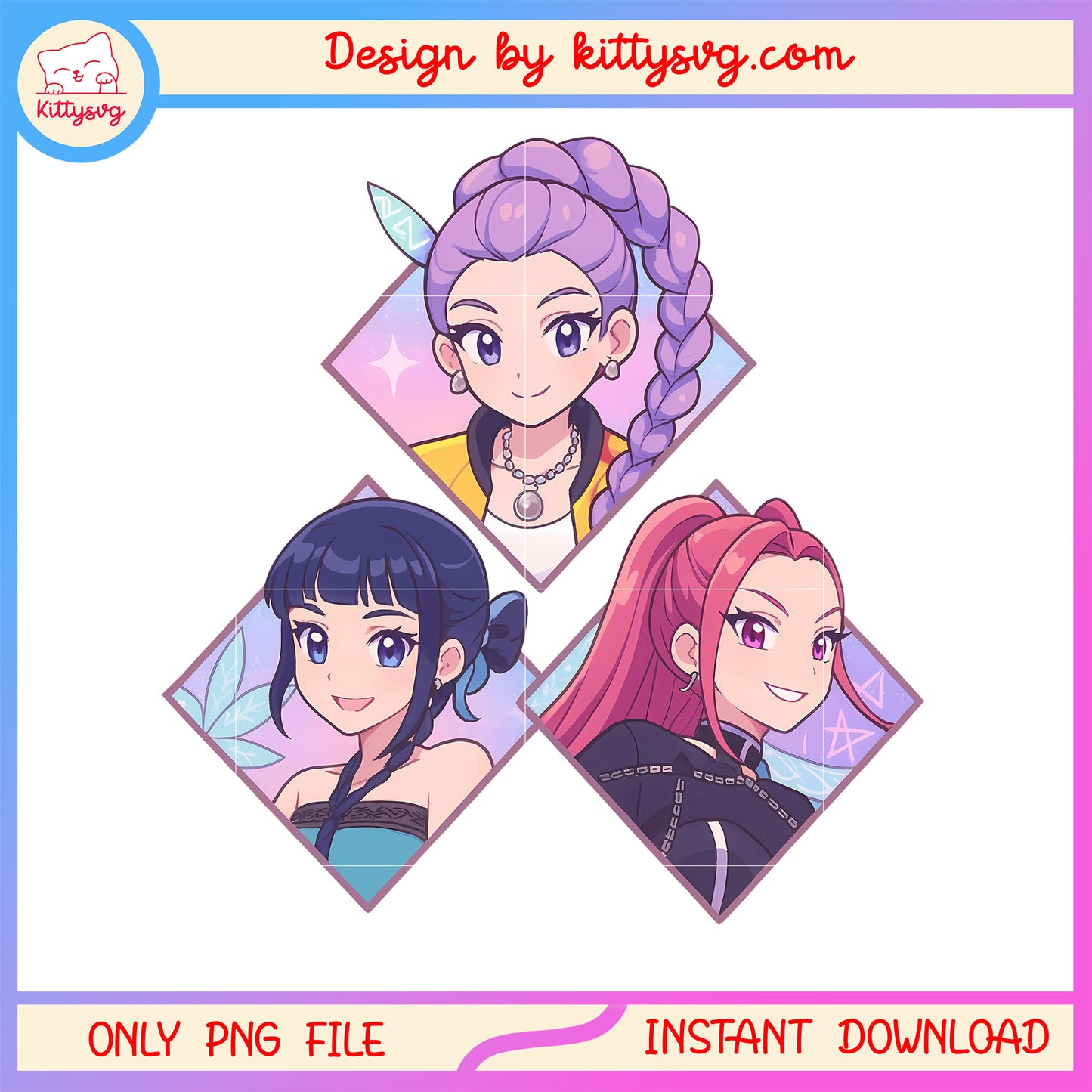 Cartoon kpop hunters huntrix design png, huntrix girl band png