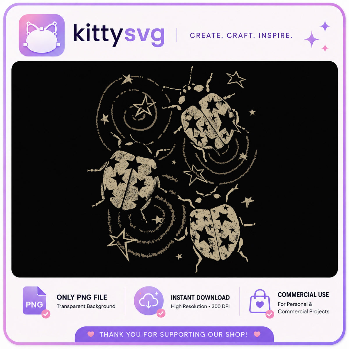 Celestial Beetle Stars Vintage PNG, Mystical Bug PNG, Boho Insect PNG