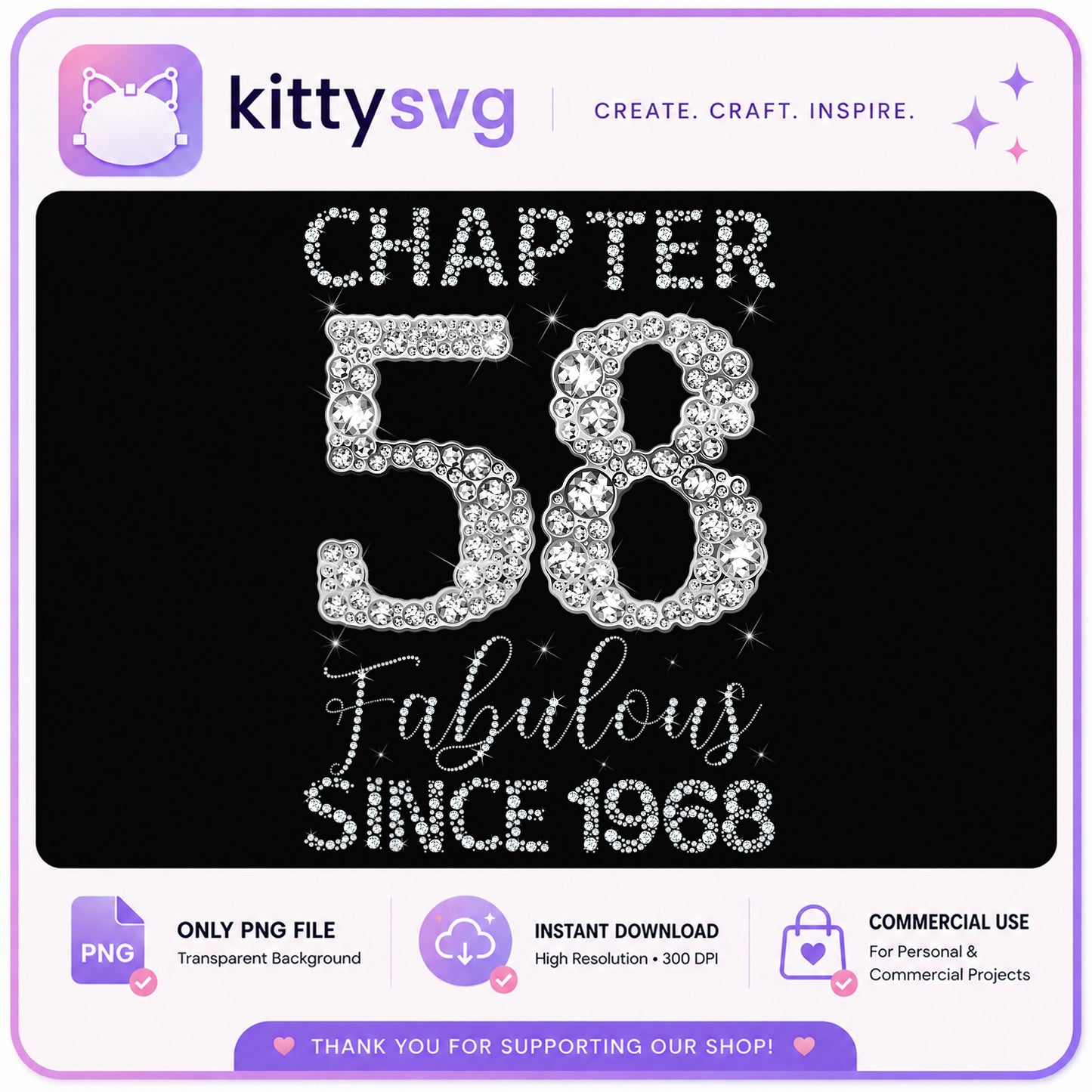 Chapter 58 Fabulous Since 1968 PNG, 58th Birthday PNG, Rhinestone Birthday PNG