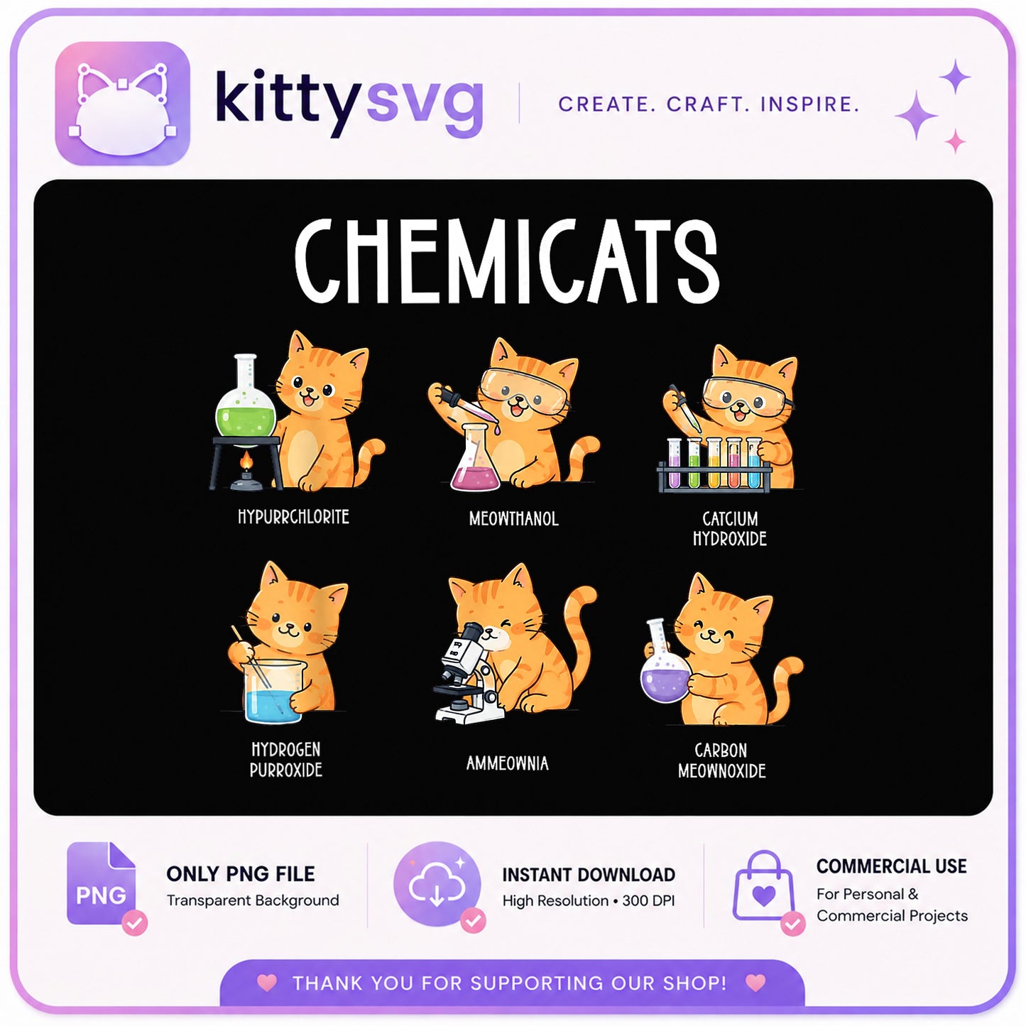Chemicats Funny Science Cat PNG Bundle, Cute Cat Chemistry PNG, Cat Lover PNG