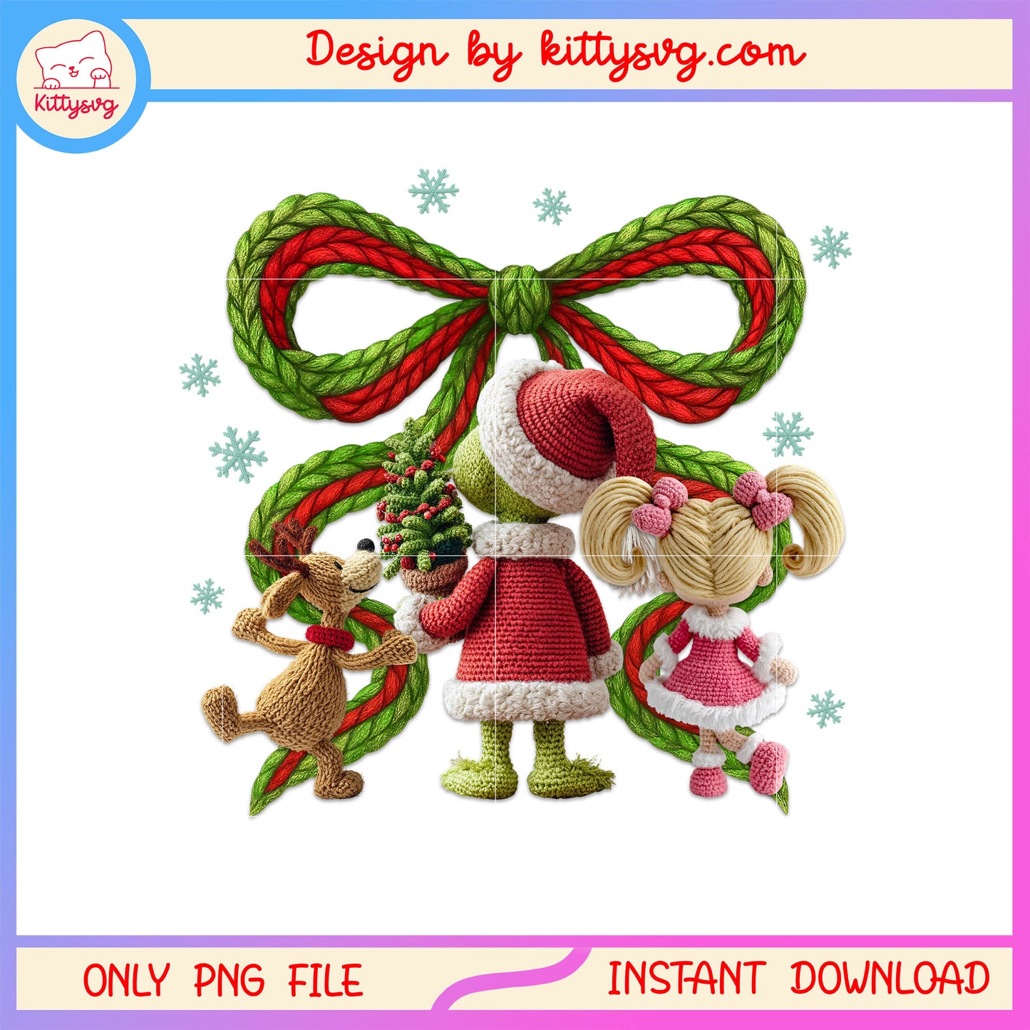 Chibi grinch with friends christmas bow crochet png, christmas art png