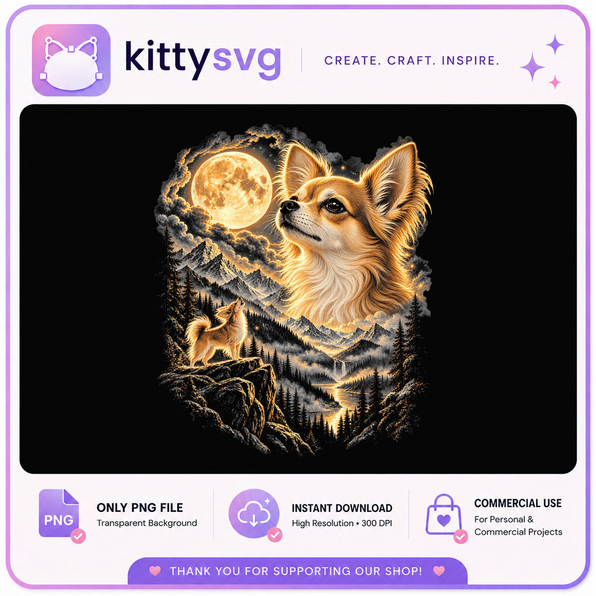 Chihuahua Howling Moon PNG, Dog Mountain Clipart, Wolf PNG