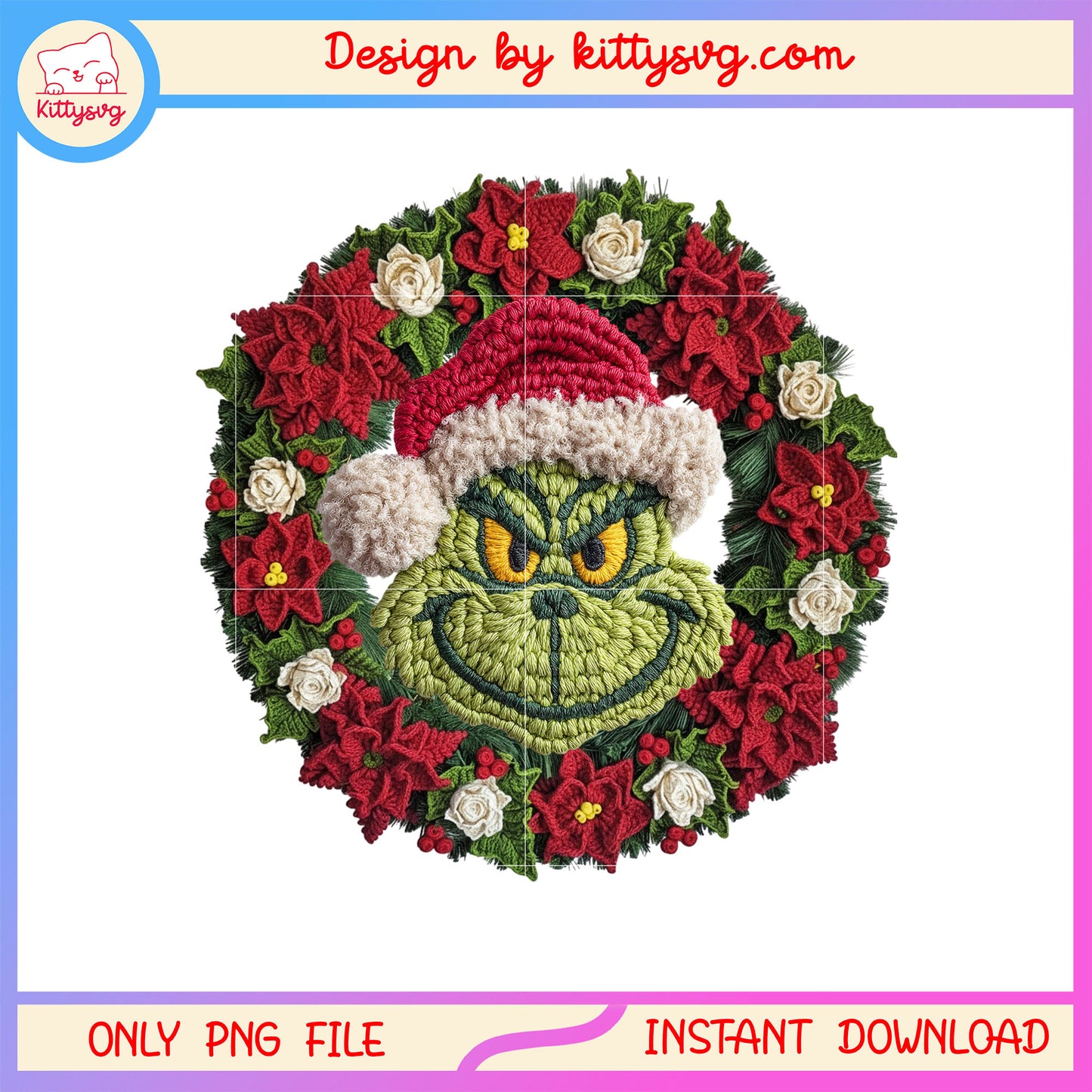 Christmas flower wreath grinch face crochet png, christmas decor png