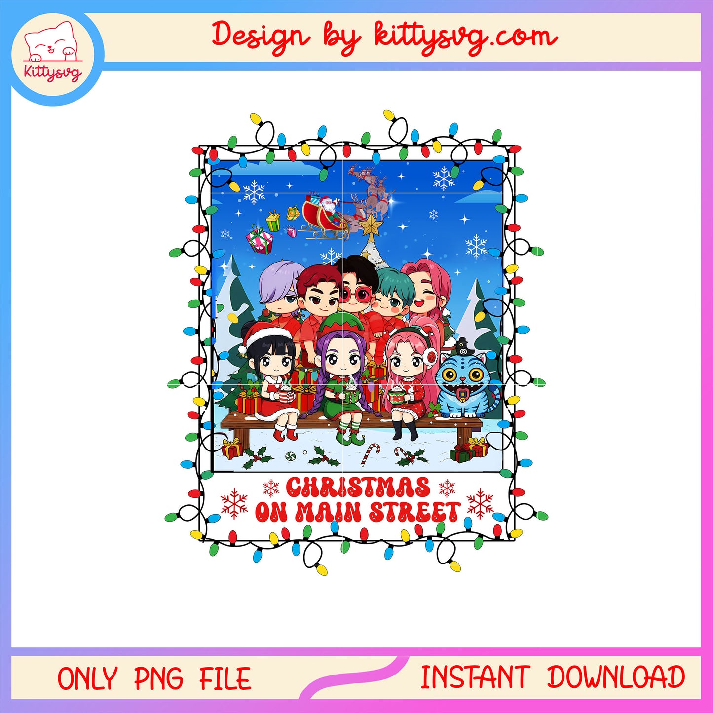 Christmas on main street kpop members frame png, happy xmas png