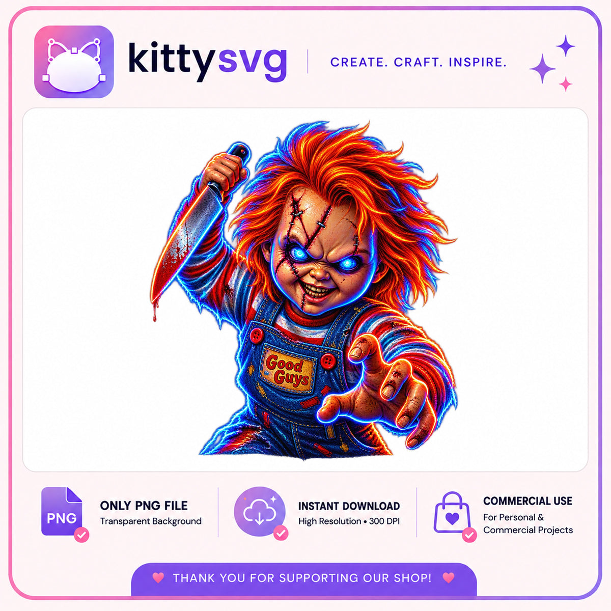 Chucky Doll Neon PNG, Horror Movie Halloween PNG, Good Guys PNG