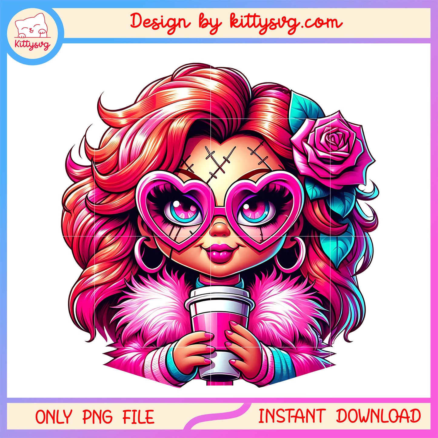 Chucky horror coffee valentine day png, child's play png, valentine png