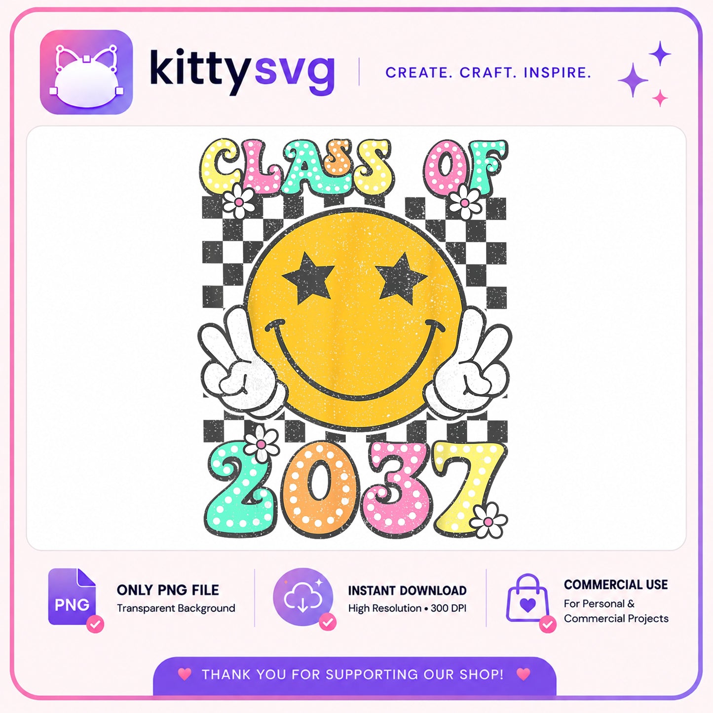 Class Of 2037 PNG Retro Smiley Face, Graduation PNG, Senior PNG