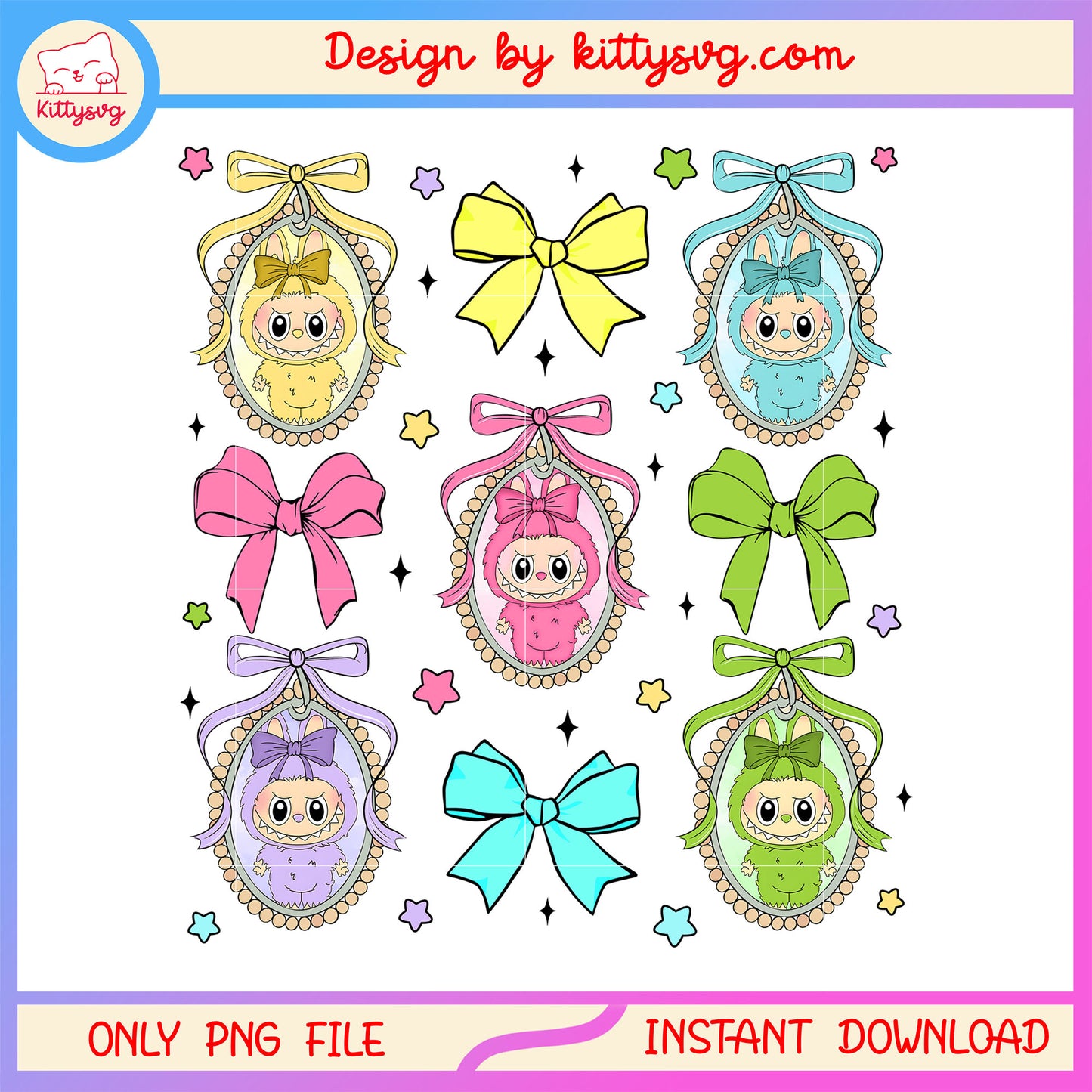 Colorful coquette bow labubu mirror design png, labubu monsters png