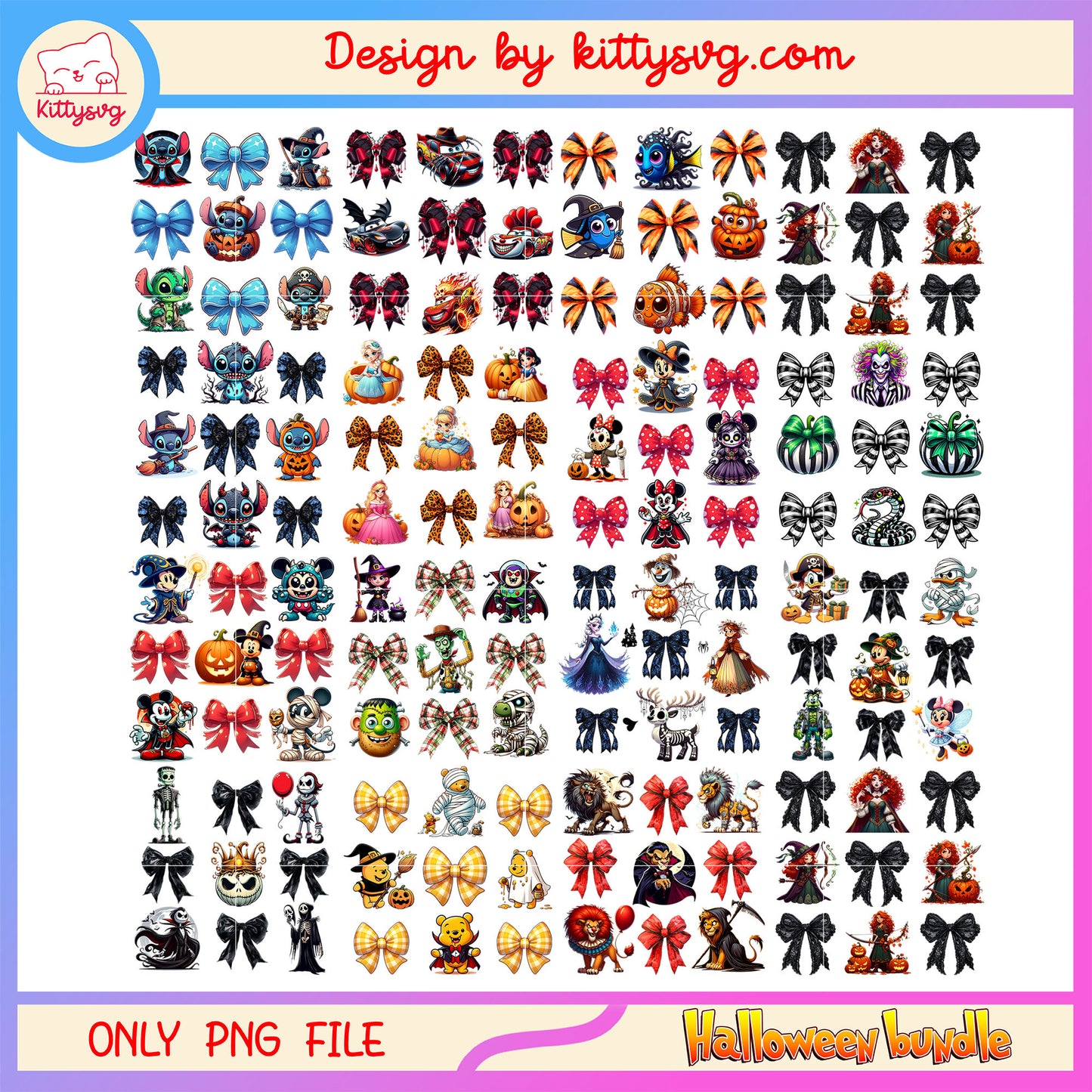 Coquette halloween disney characters bundle png, disney halloween png