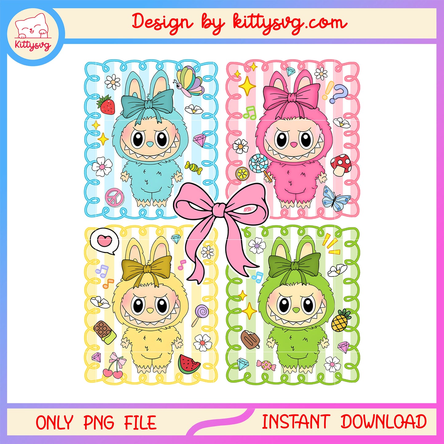 Coquette ribbon and labubu pastel frame design png, labubu toy png