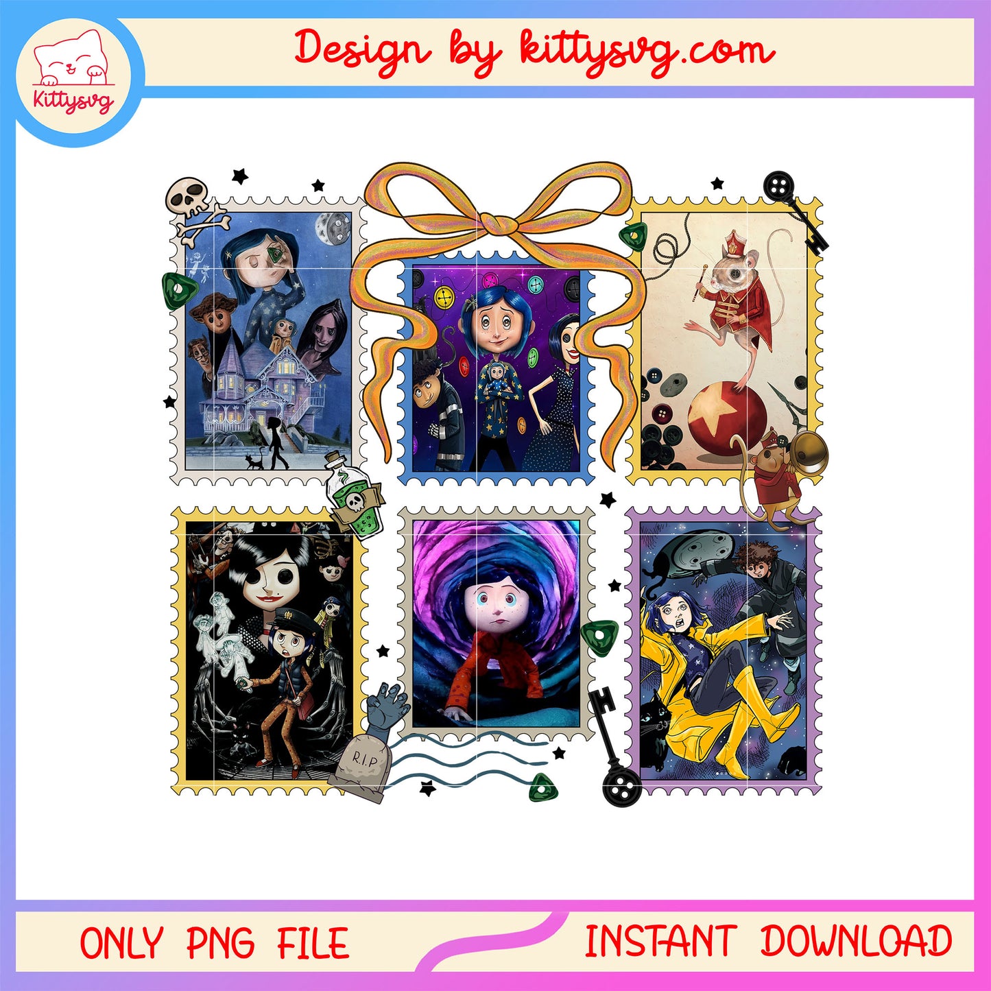Coraline coquette stamps halloween decor design png, coraline doll png