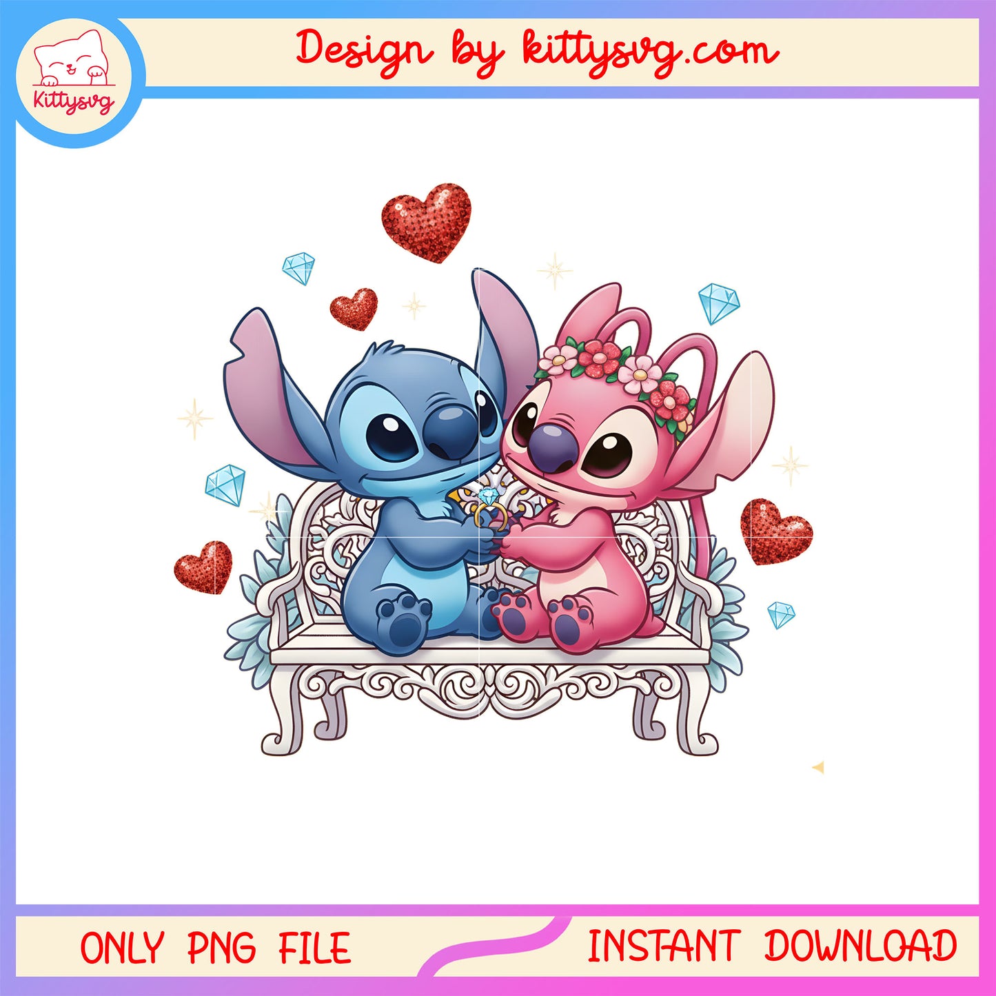 Couple love diamond valentine png, stitch valentines day png