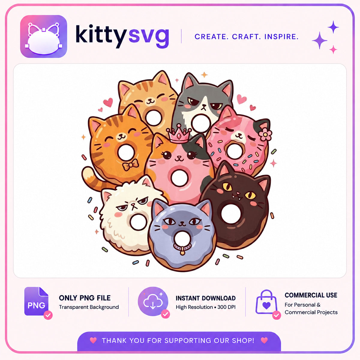 Cute Cat Donut Bundle PNG, Kawaii Cat Clipart, Cat Donut PNG