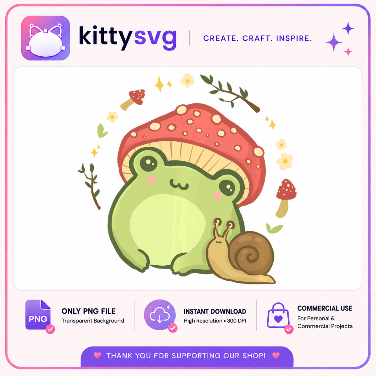Cute Frog With Mushroom Hat And Snail PNG, Kawaii Frog PNG, Cottagecore PNG
