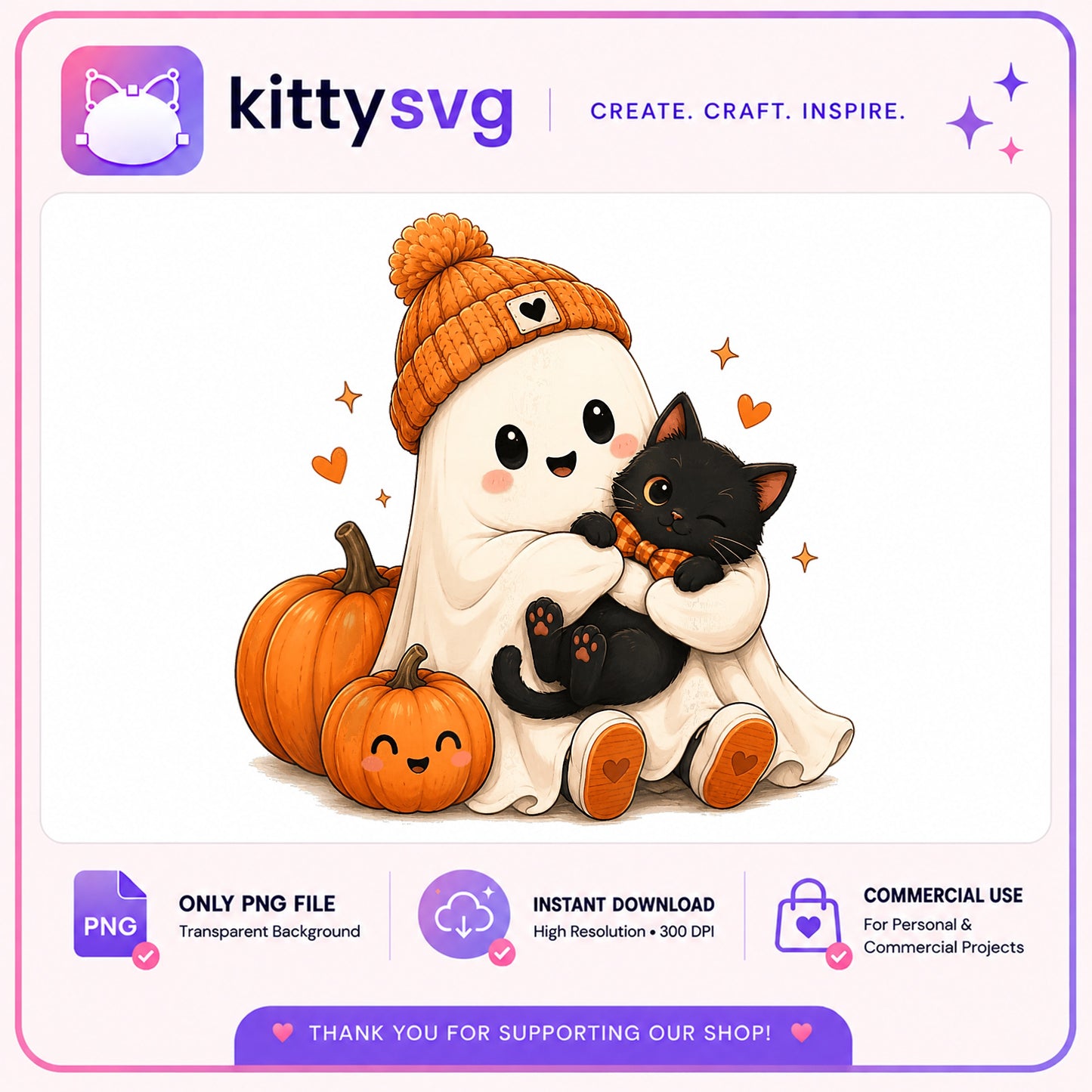 Cute Ghost Hugging Black Cat PNG, Halloween Ghost PNG, Pumpkin PNG