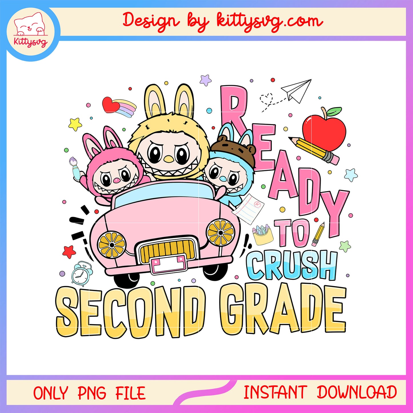 Cute labubu car ready to crush second grade design png, school png