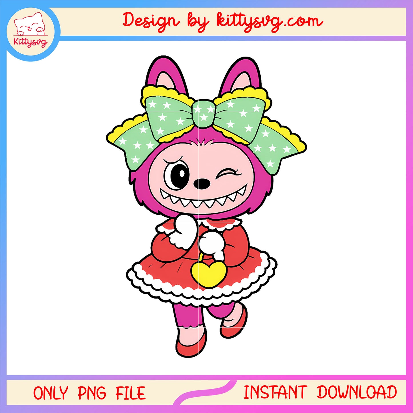 Dark pink winking bow girl labubu doll png, baby monster png