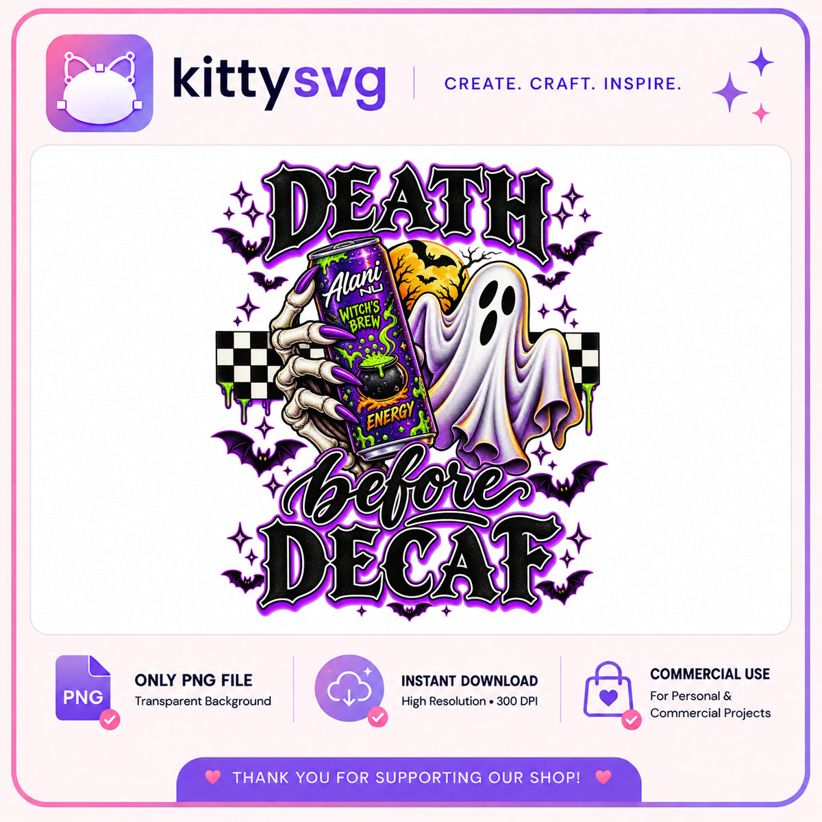 Death Before Decaf Halloween PNG, Ghost Skeleton PNG, Spooky PNG