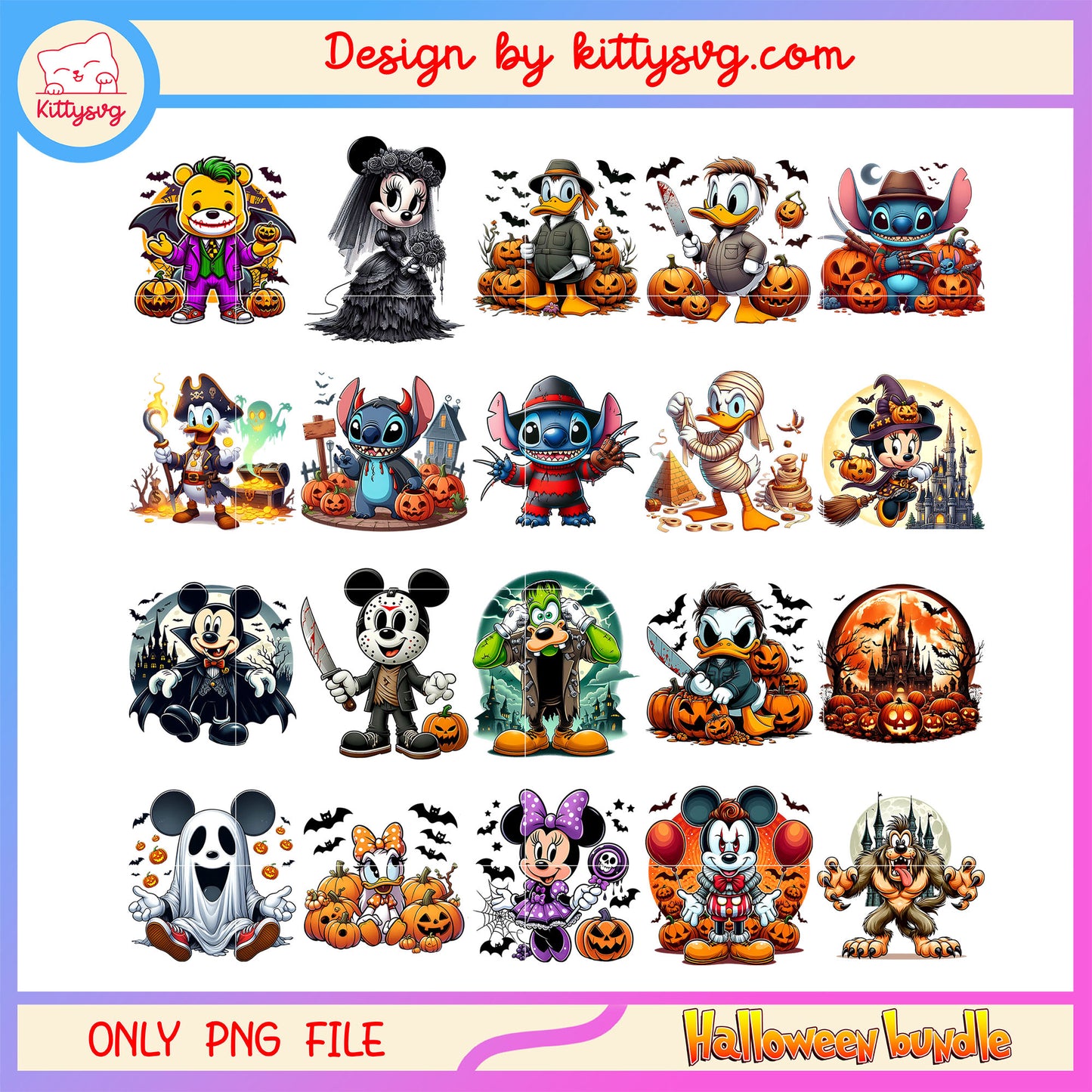 Disney characters halloween design bundle png, disney halloween png