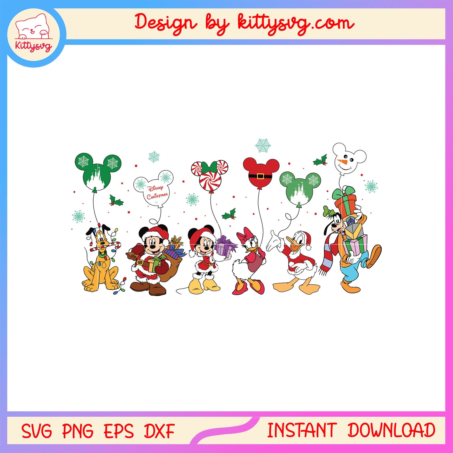 Disney characters with christmas balloons svg, happy x-mas svg