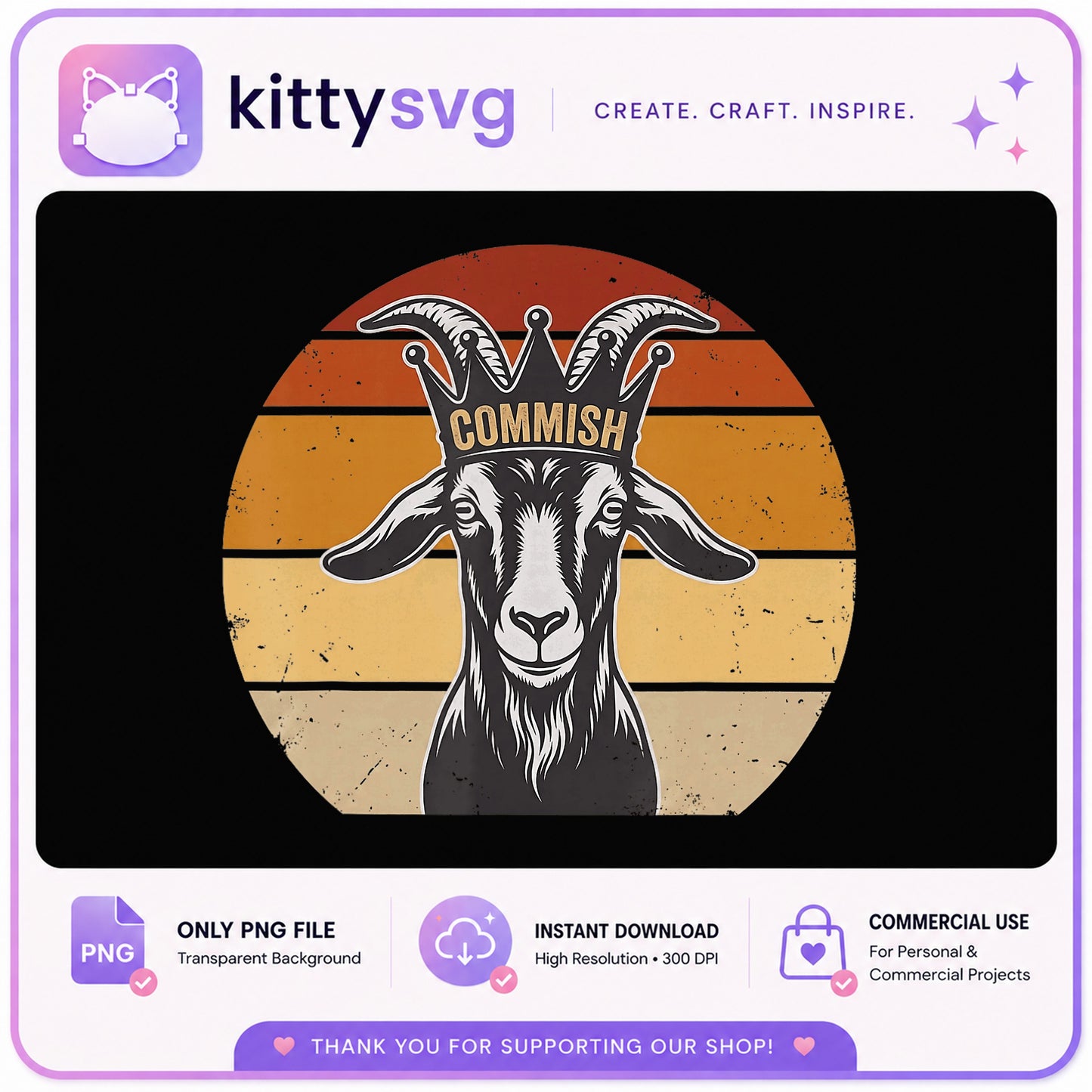 Fantasy Football Commish Goat PNG, Commissioner Crown PNG, Retro Sunset PNG