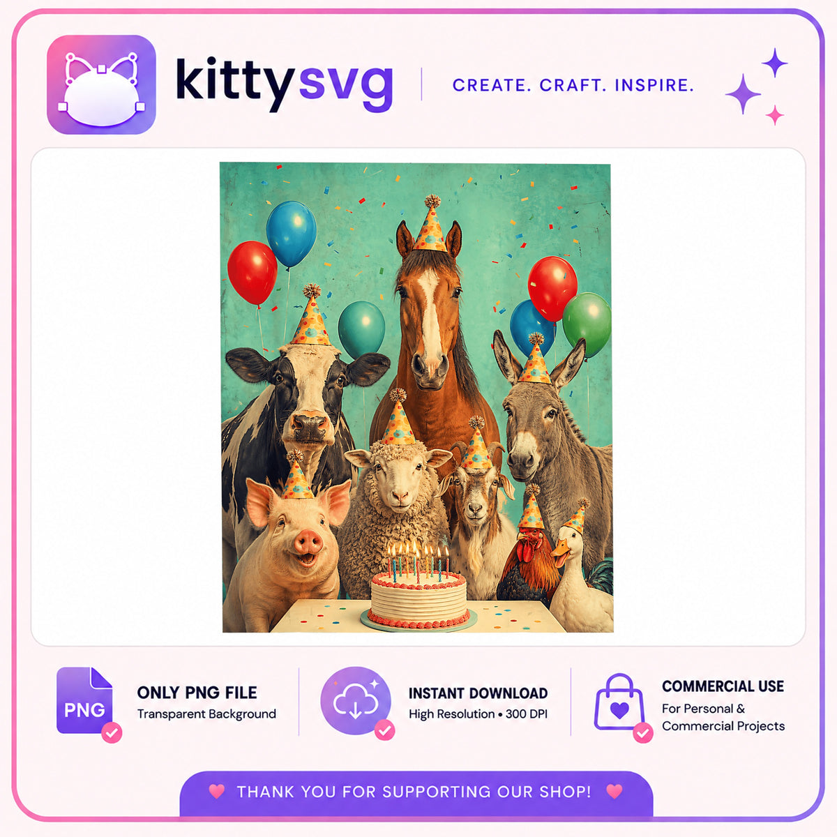 Farm Animals Birthday Party PNG, Funny Farm Clipart, Birthday PNG
