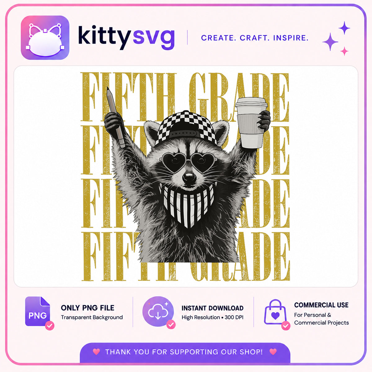 Fifth Grade Raccoon PNG, Funny Back To School PNG, Teacher PNG