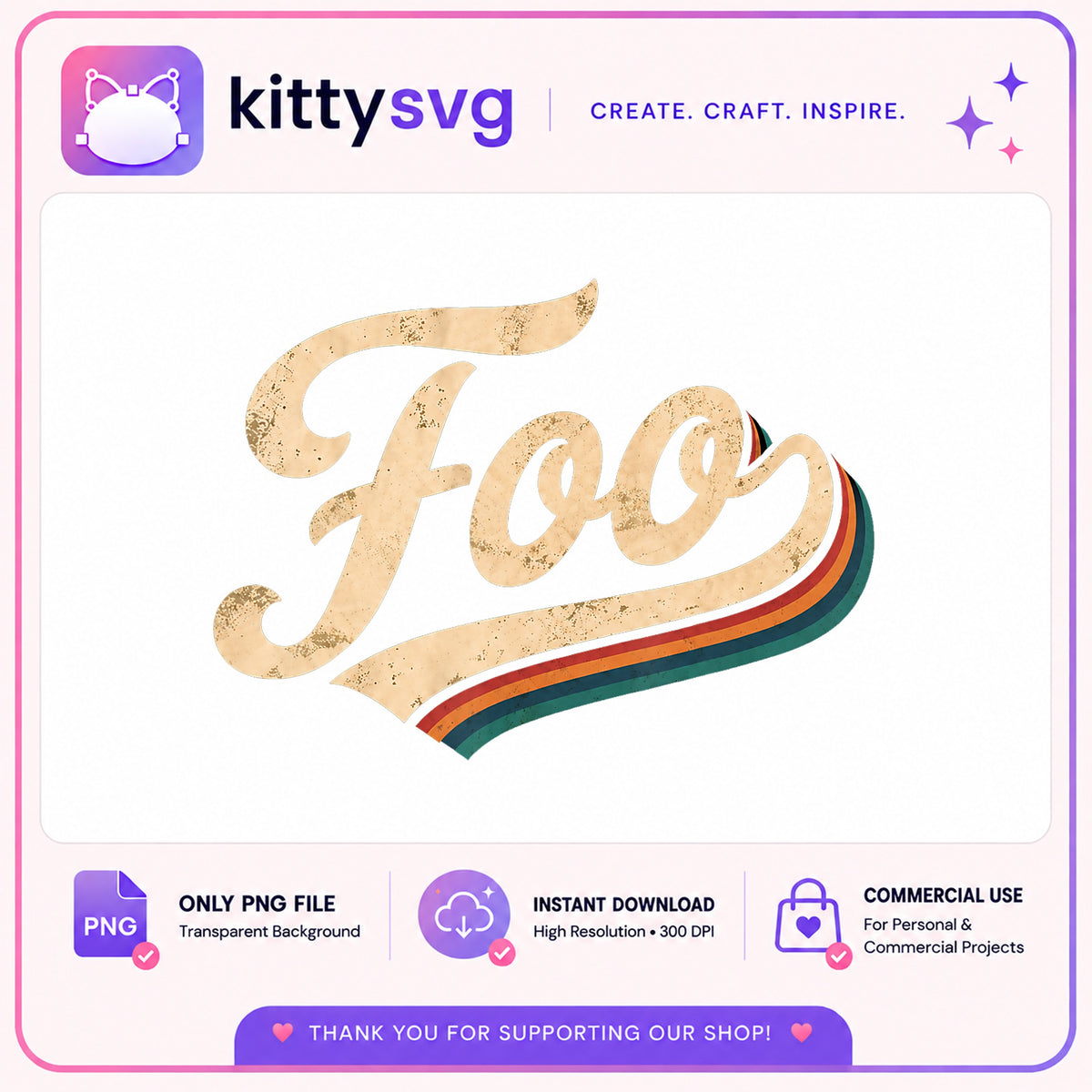 Foo Retro Vintage Script PNG, Distressed Text Design PNG, Retro Swoosh PNG