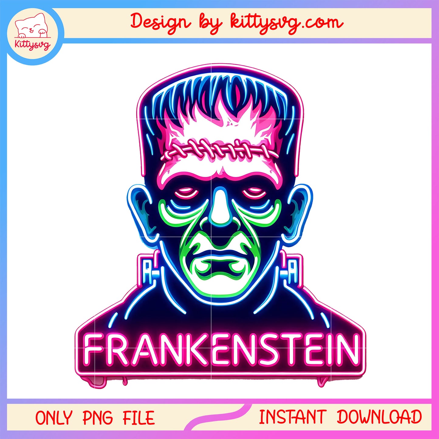 Frankenstein head neon halloween design png, frankenstein horror character png