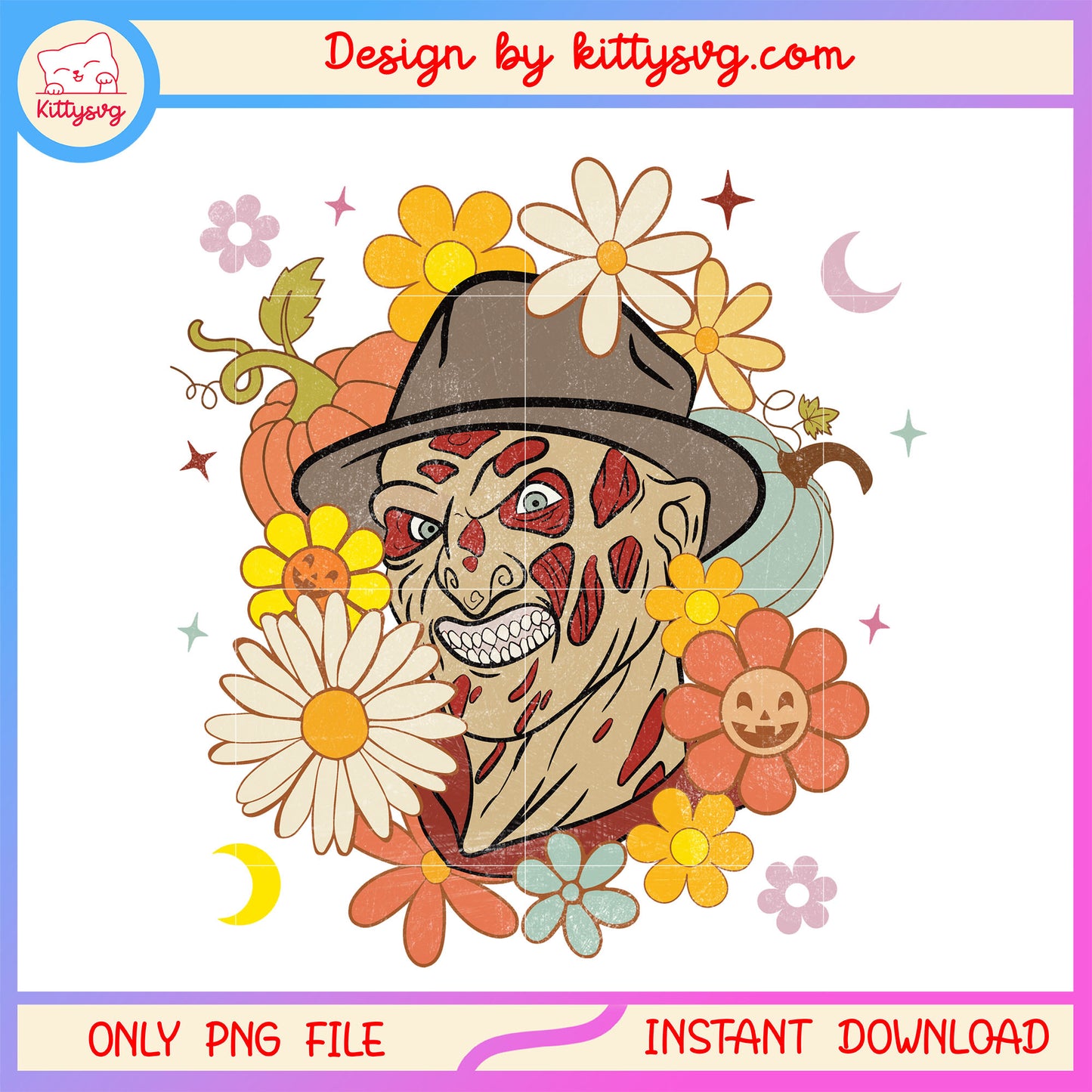 Freddy krueger head floral halloween design png, freddy krueger portrait png