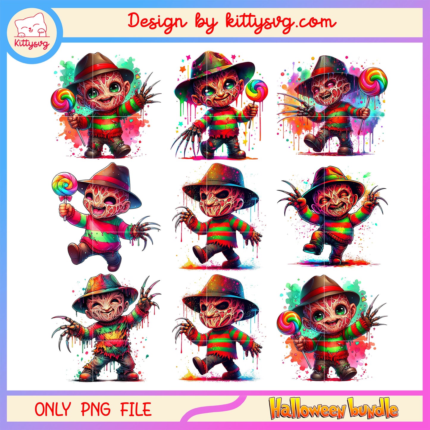 Freddy krueger water color halloween bundle png, freddy krueger horror png