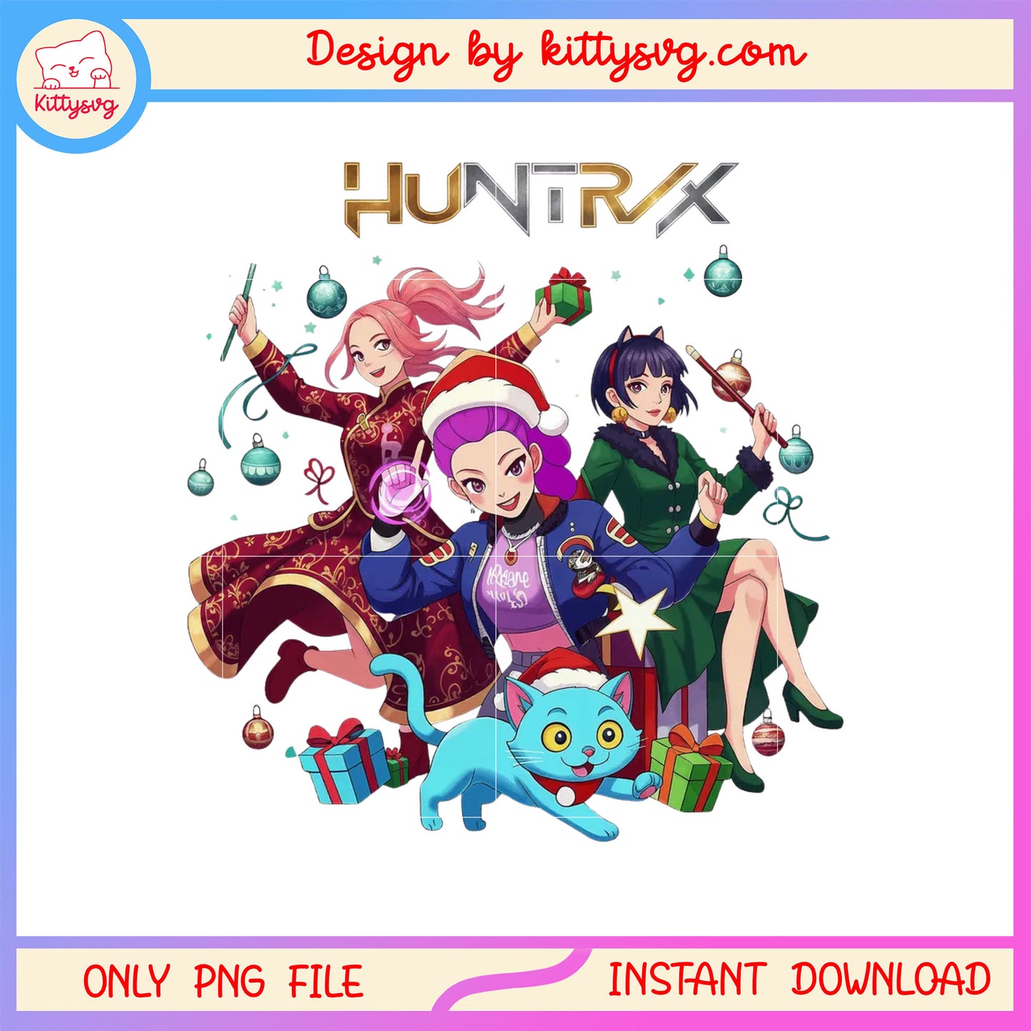Funny christmas huntrix members kpop with cat png, huntrix png