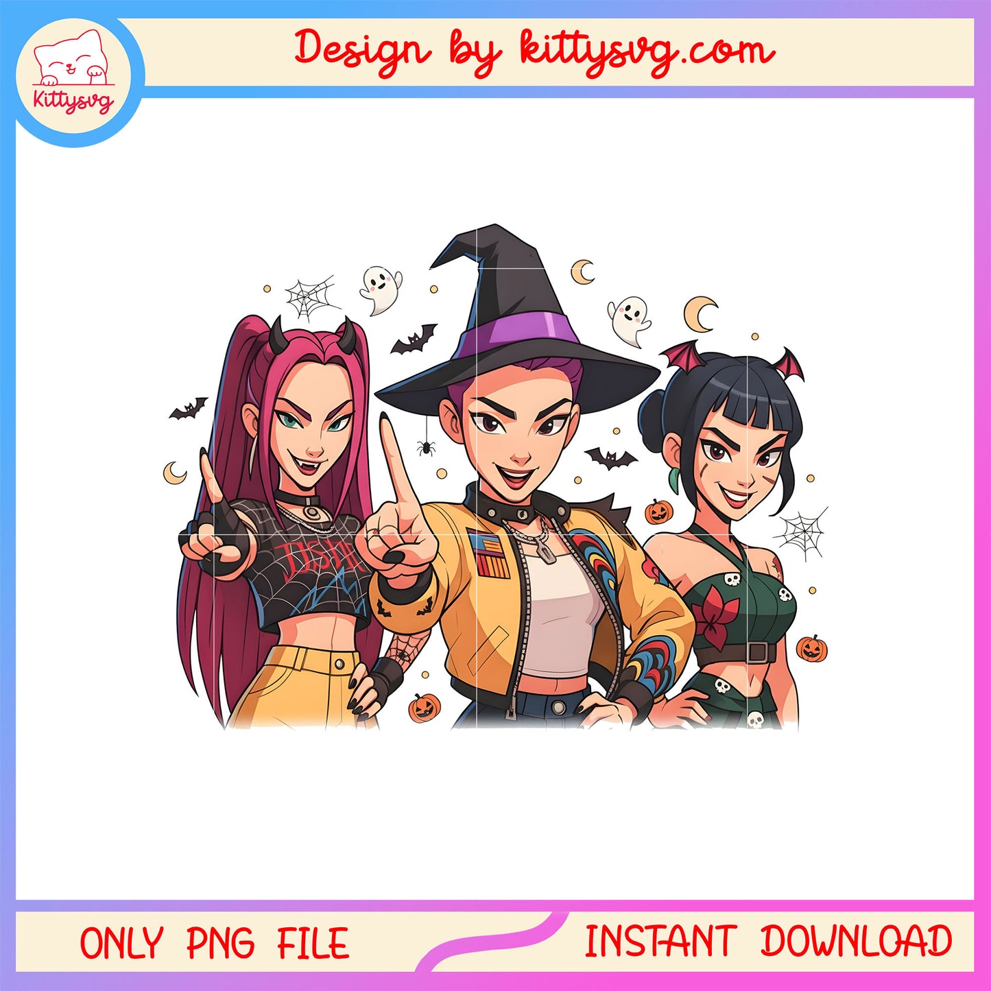 Funny halloween huntrix members kpop group png, huntrix hunters png