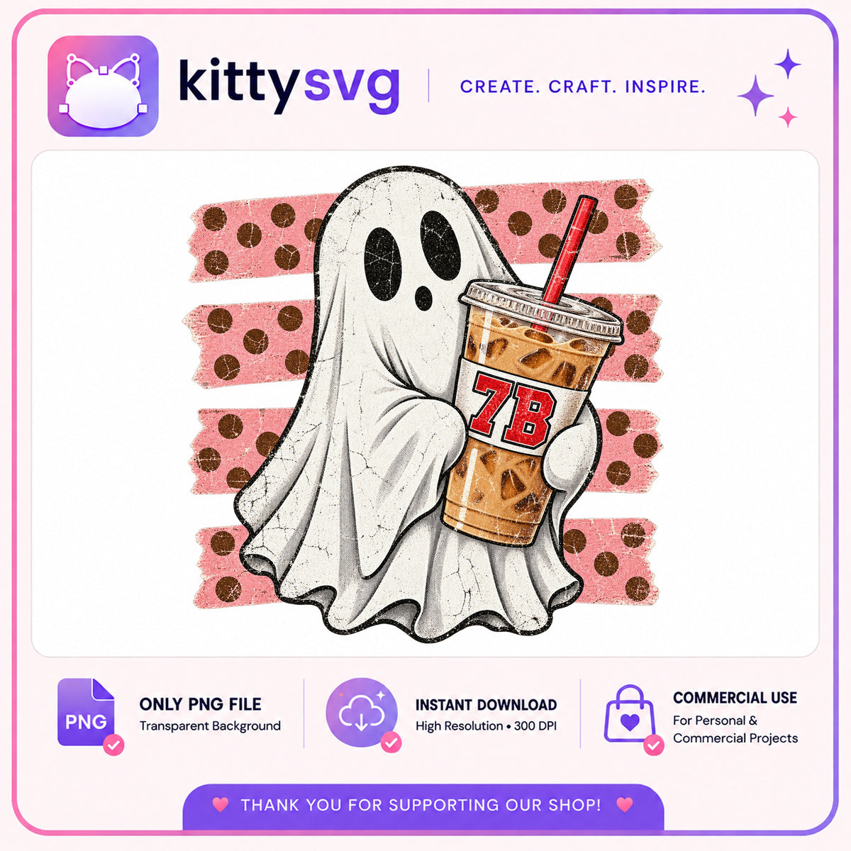 Ghost Holding Iced Coffee PNG, Halloween Ghost PNG, Spooky PNG