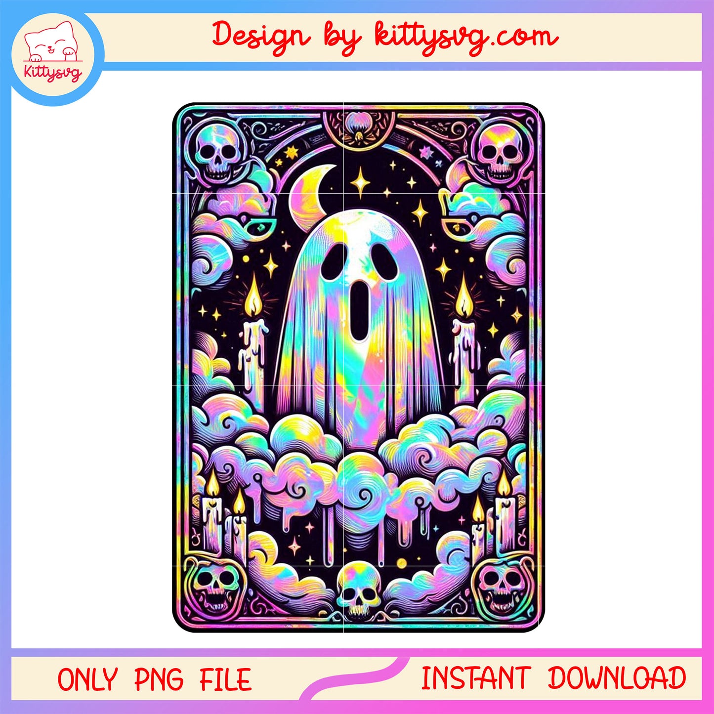 Ghost hovering cute tarot card png, scary ghost tarot card png
