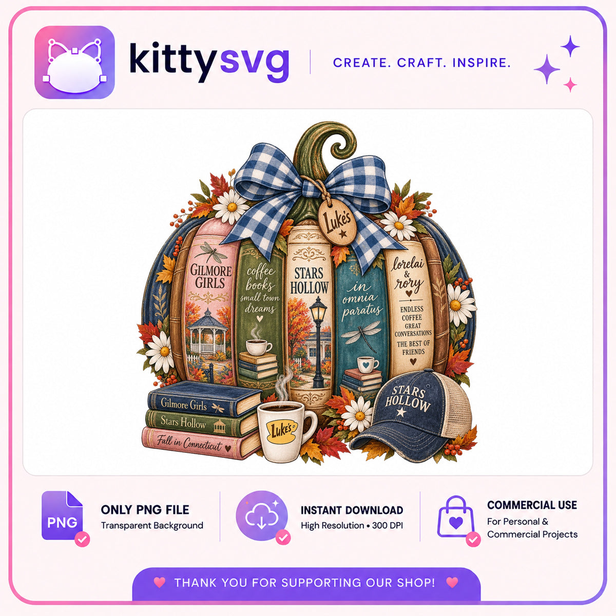 Gilmore Girls Fall Pumpkin Book Stack PNG, Stars Hollow PNG, Autumn PNG