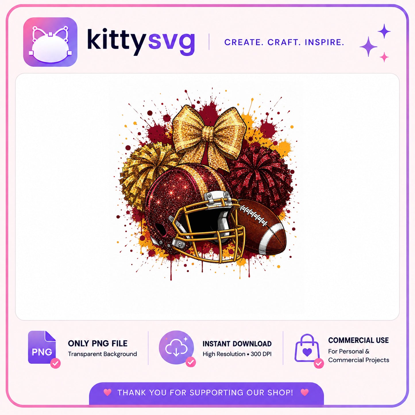 Glitter Football Helmet Cheer PNG, Pom Pom Bow Game Day PNG, Sublimation PNG