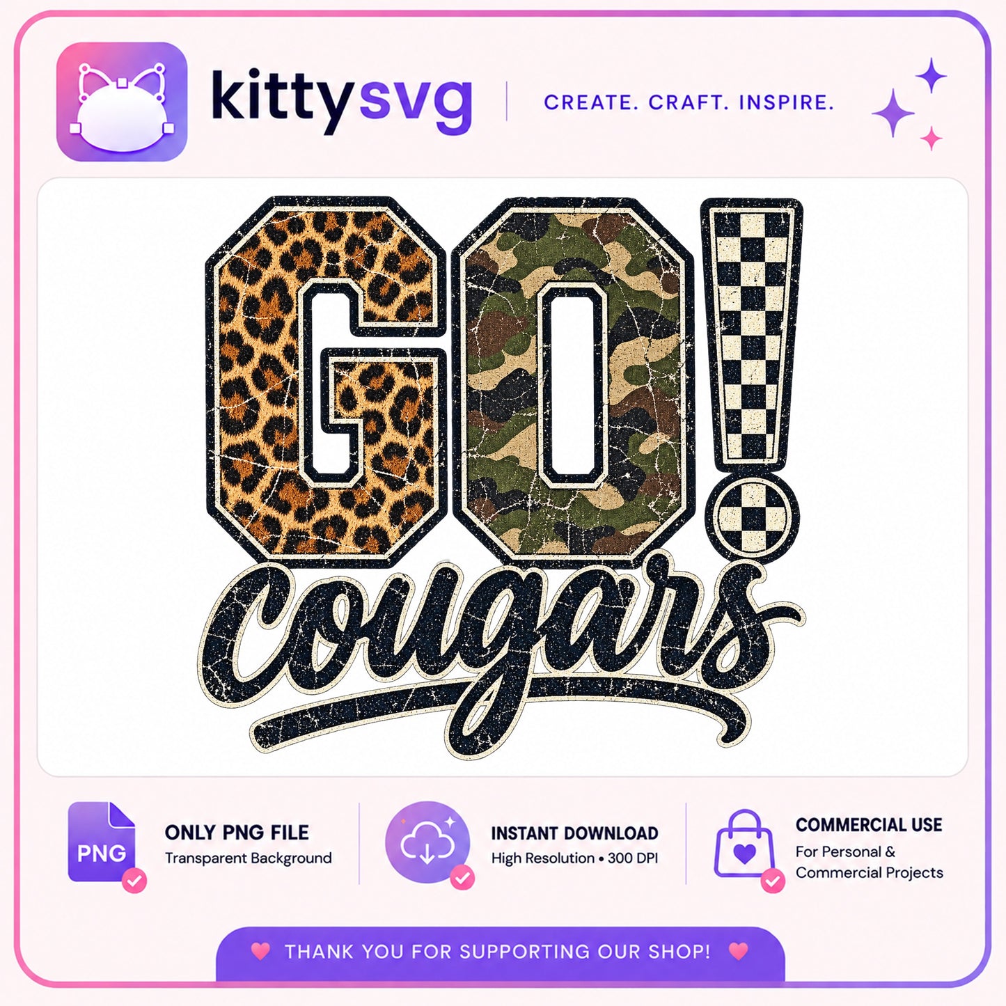Go Cougars Leopard Camo PNG, Team Spirit Shirt, Retro PNG
