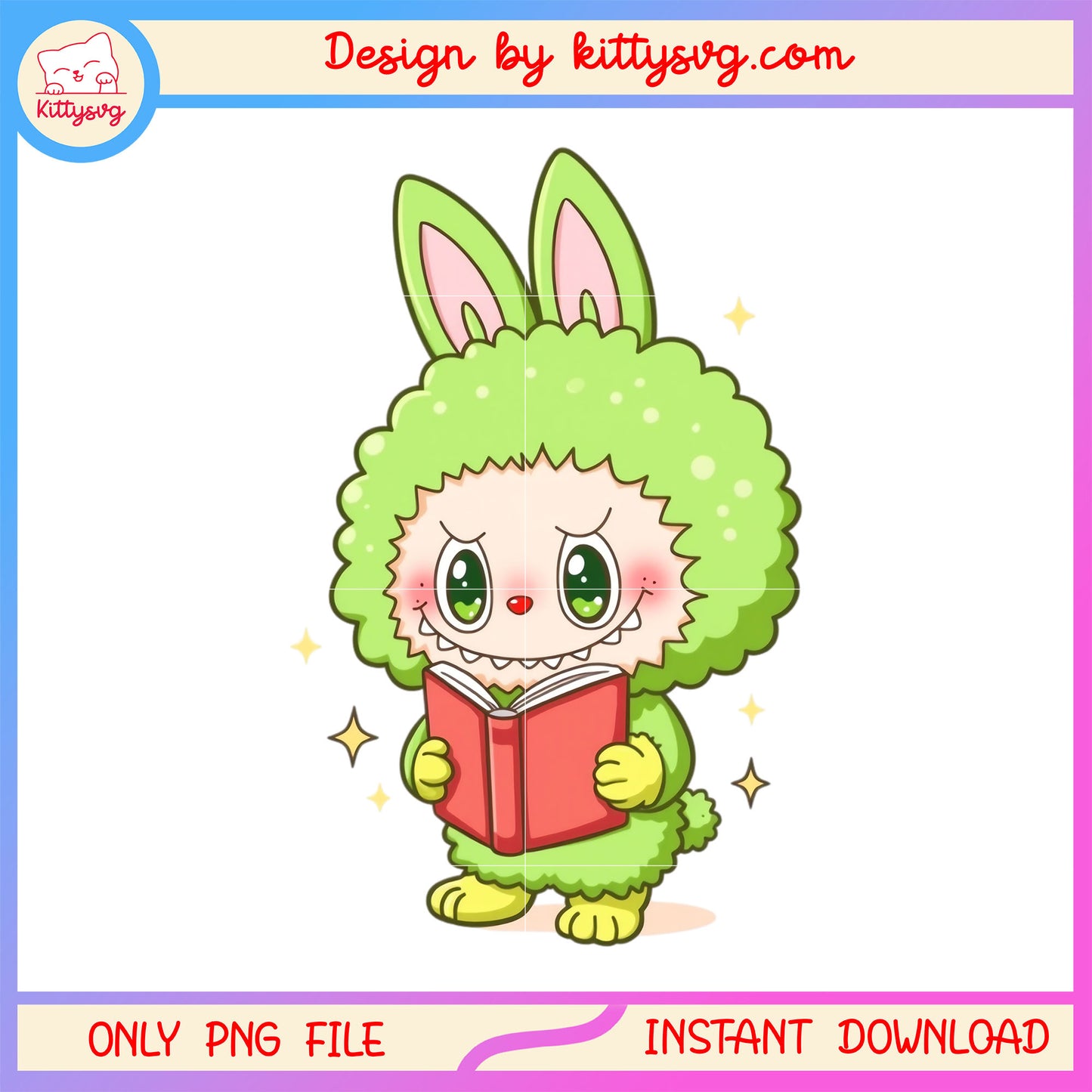 Green labubu reading book design png, labubu doll png, green labubu png