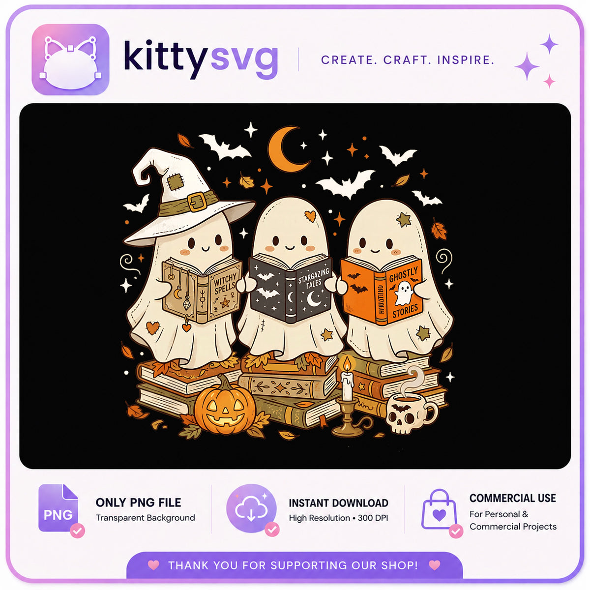 Halloween Ghost Reading Books PNG, Cute Ghost Witch PNG, Spooky PNG